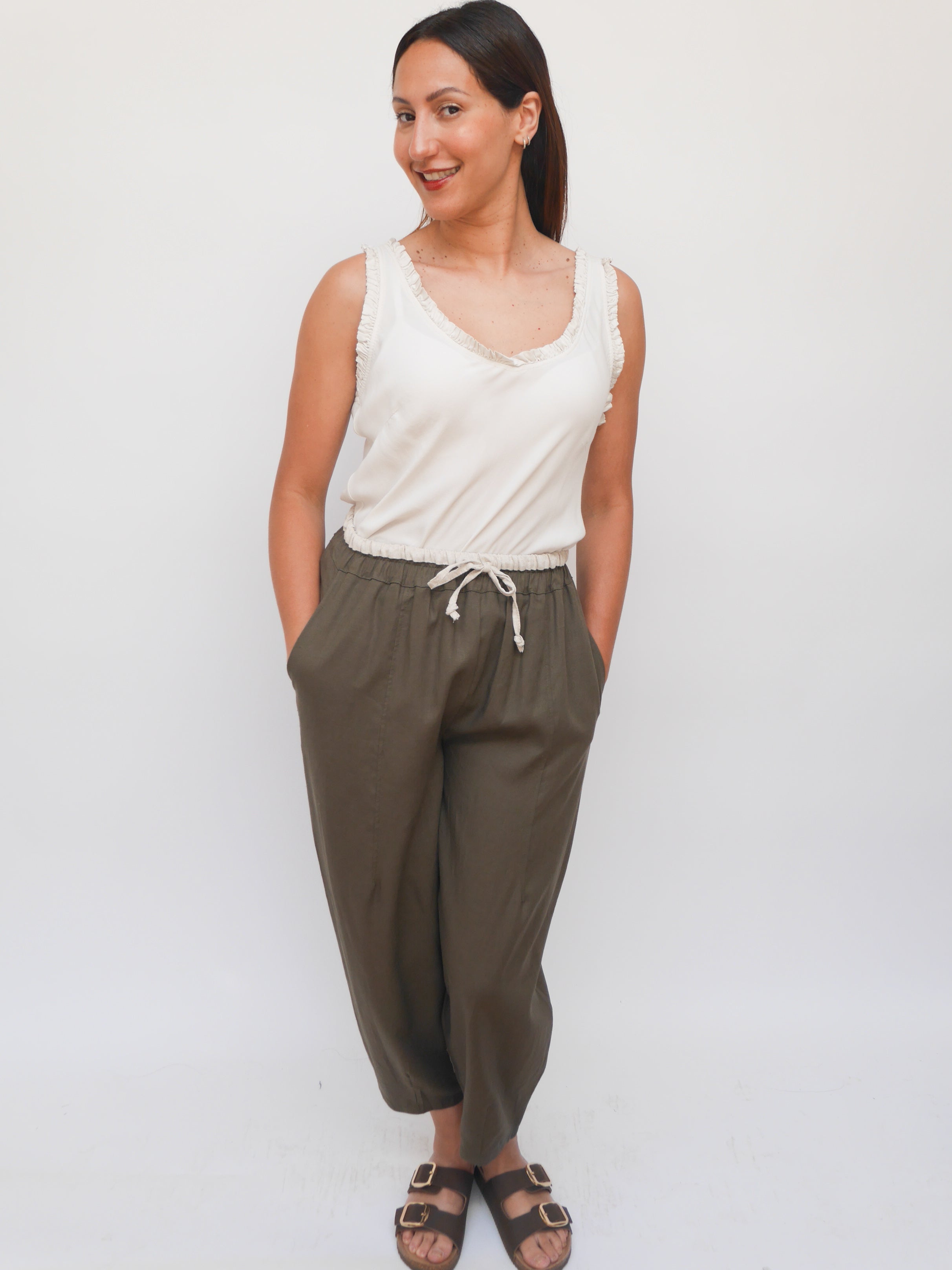 Linen Barrel Joggers Khaki