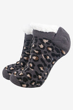 Dark Grey Leopard Fluffy Slipper Socks
