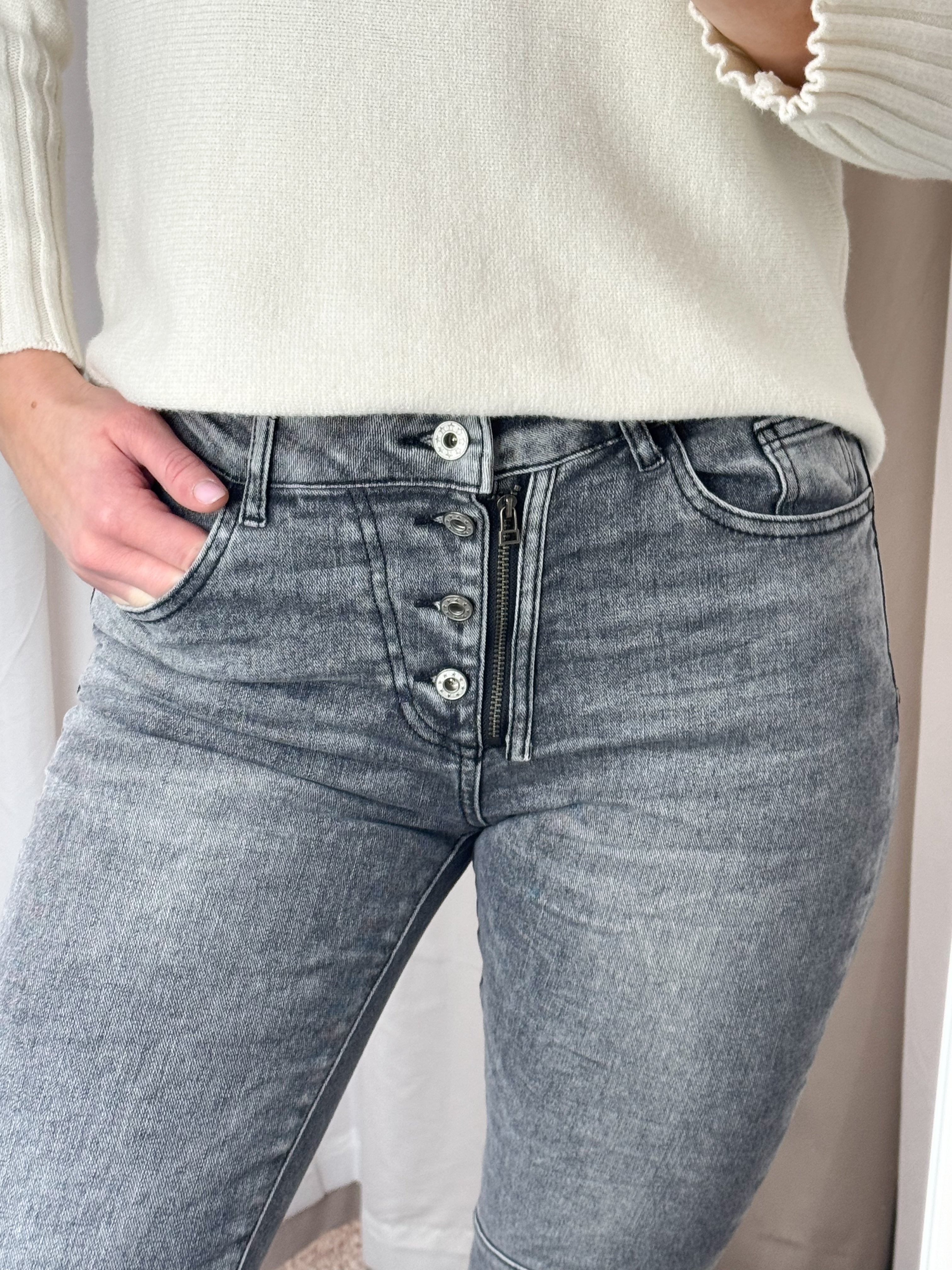 Melly & Co Grey Washed 4 Button Hole Detail Jeans