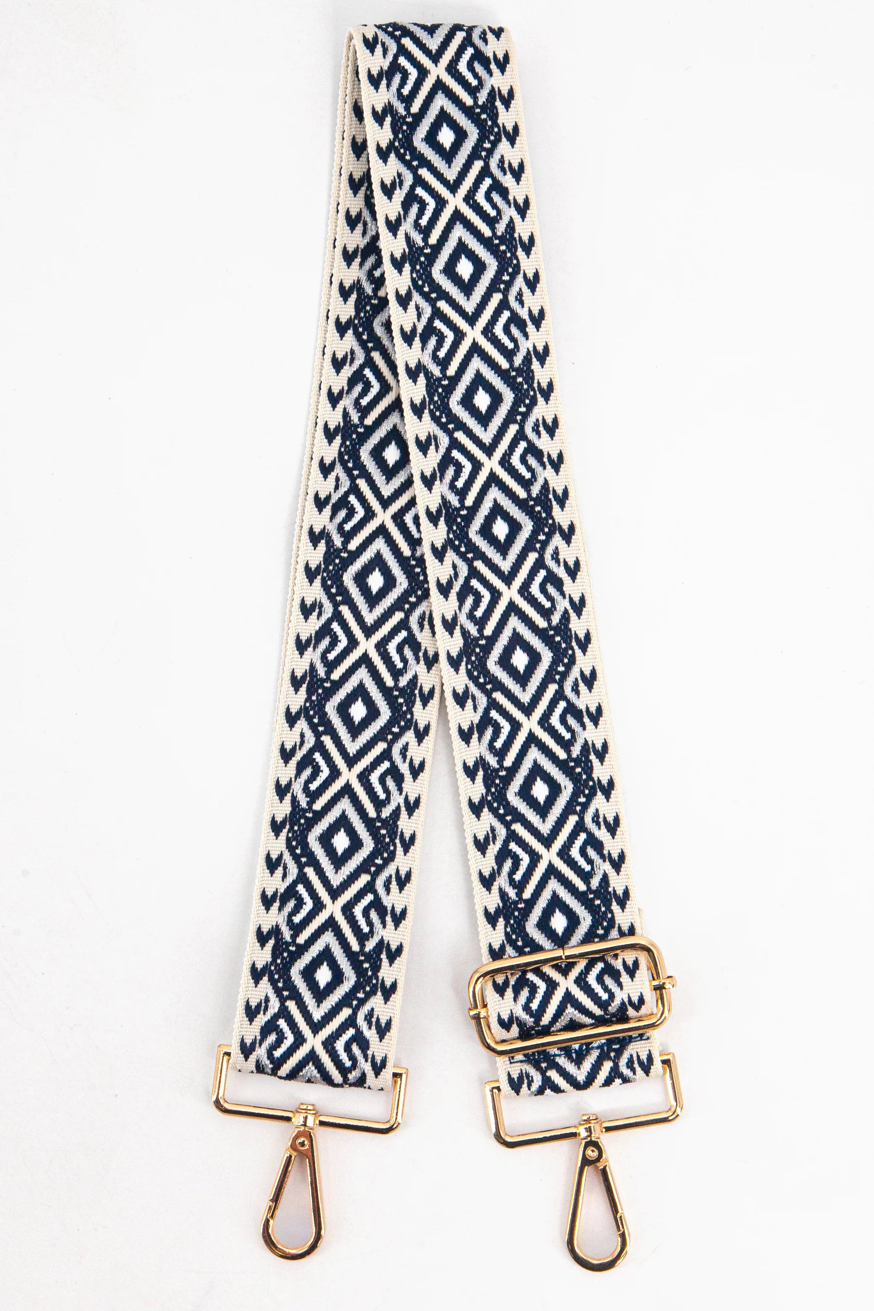 Navy and Silver Geometric Woven Bag Strap