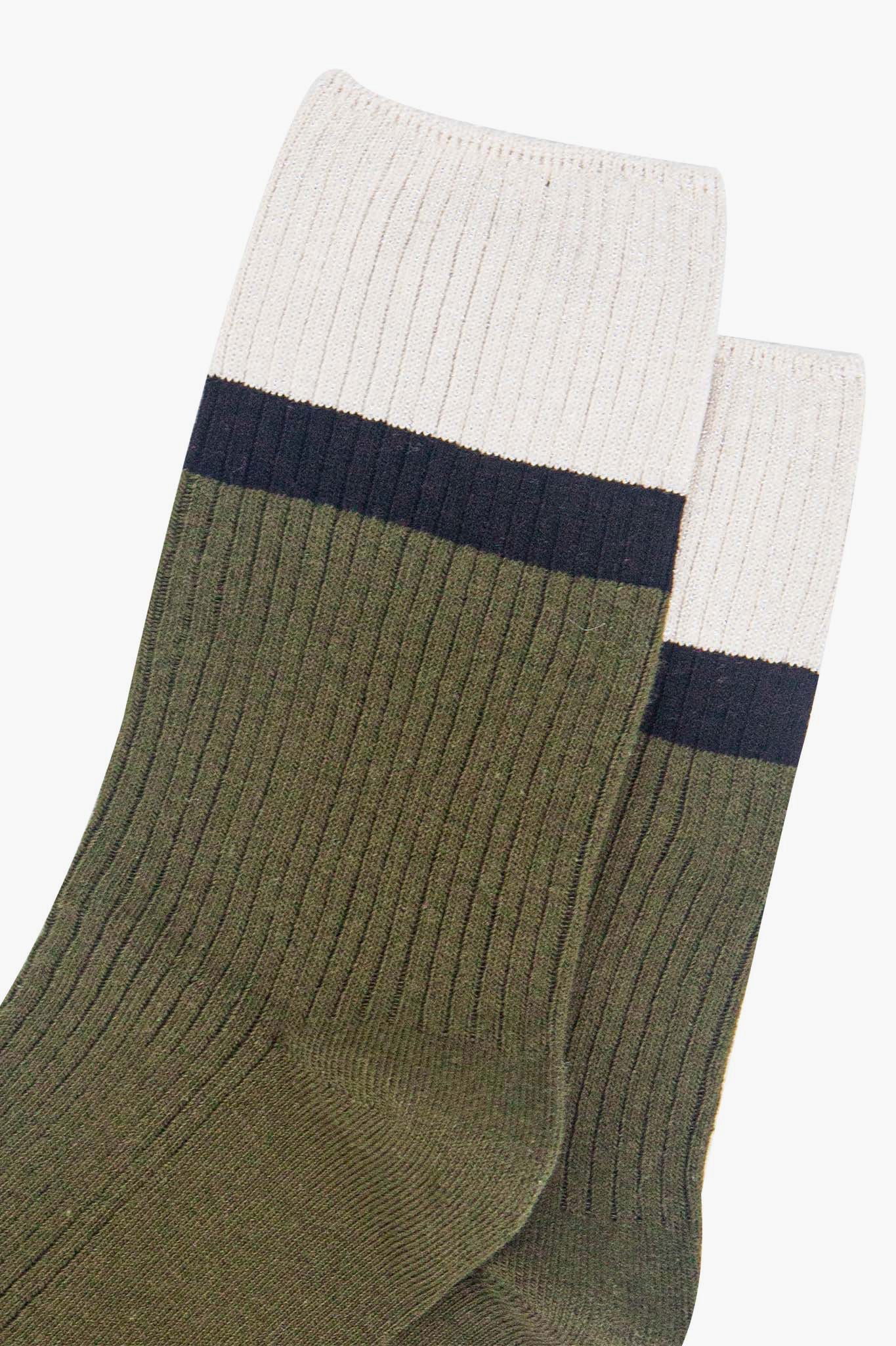 Khaki and Cream Contrast Cuff Socks