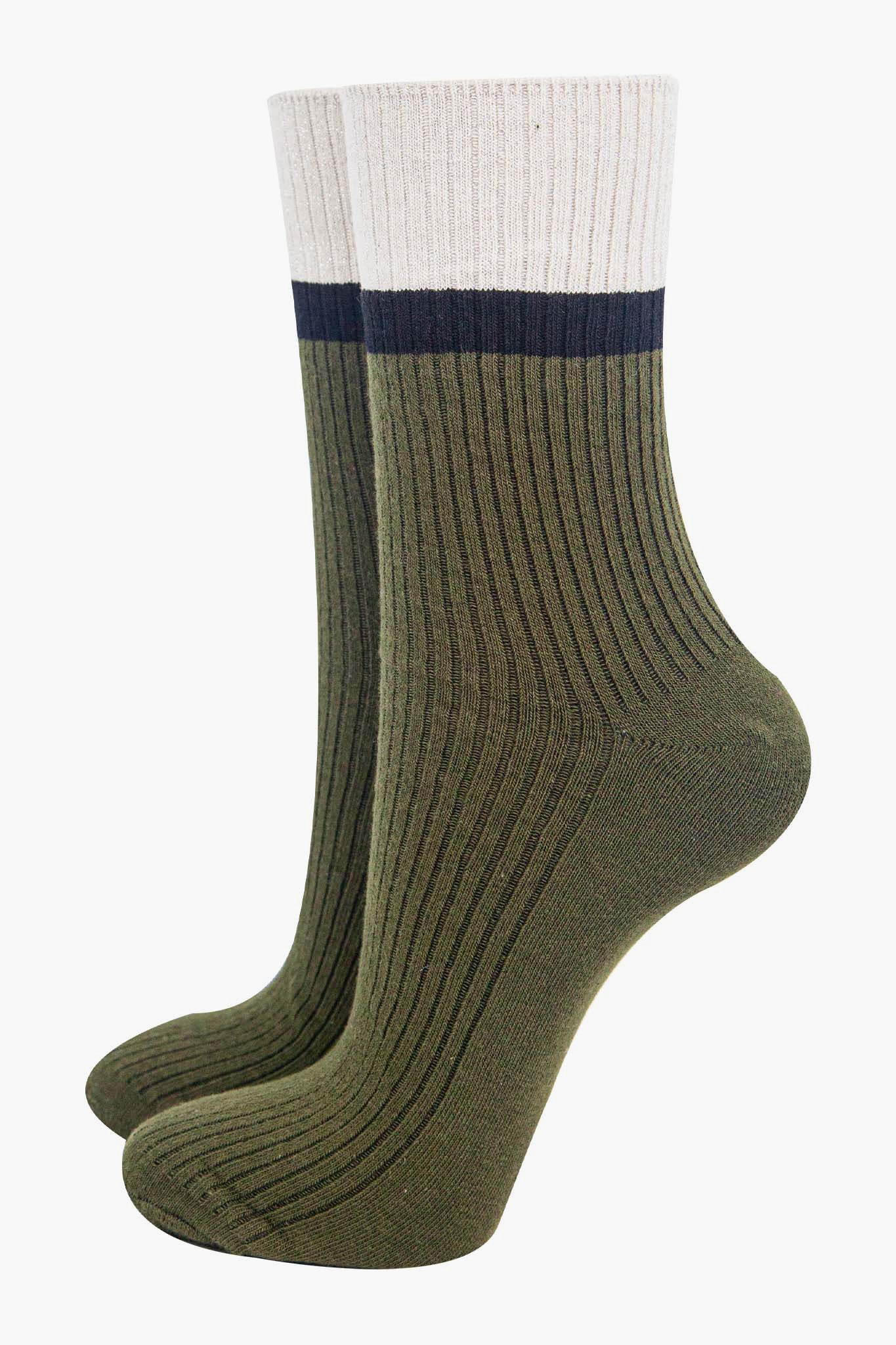 Khaki and Cream Contrast Cuff Socks