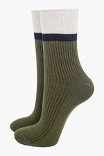 Khaki and Cream Contrast Cuff Socks