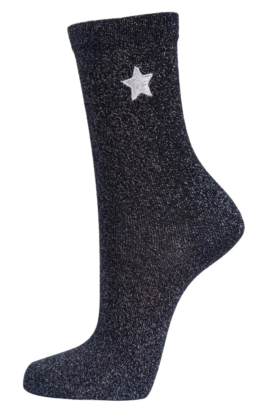 Black Embroidered Star Glitter Socks