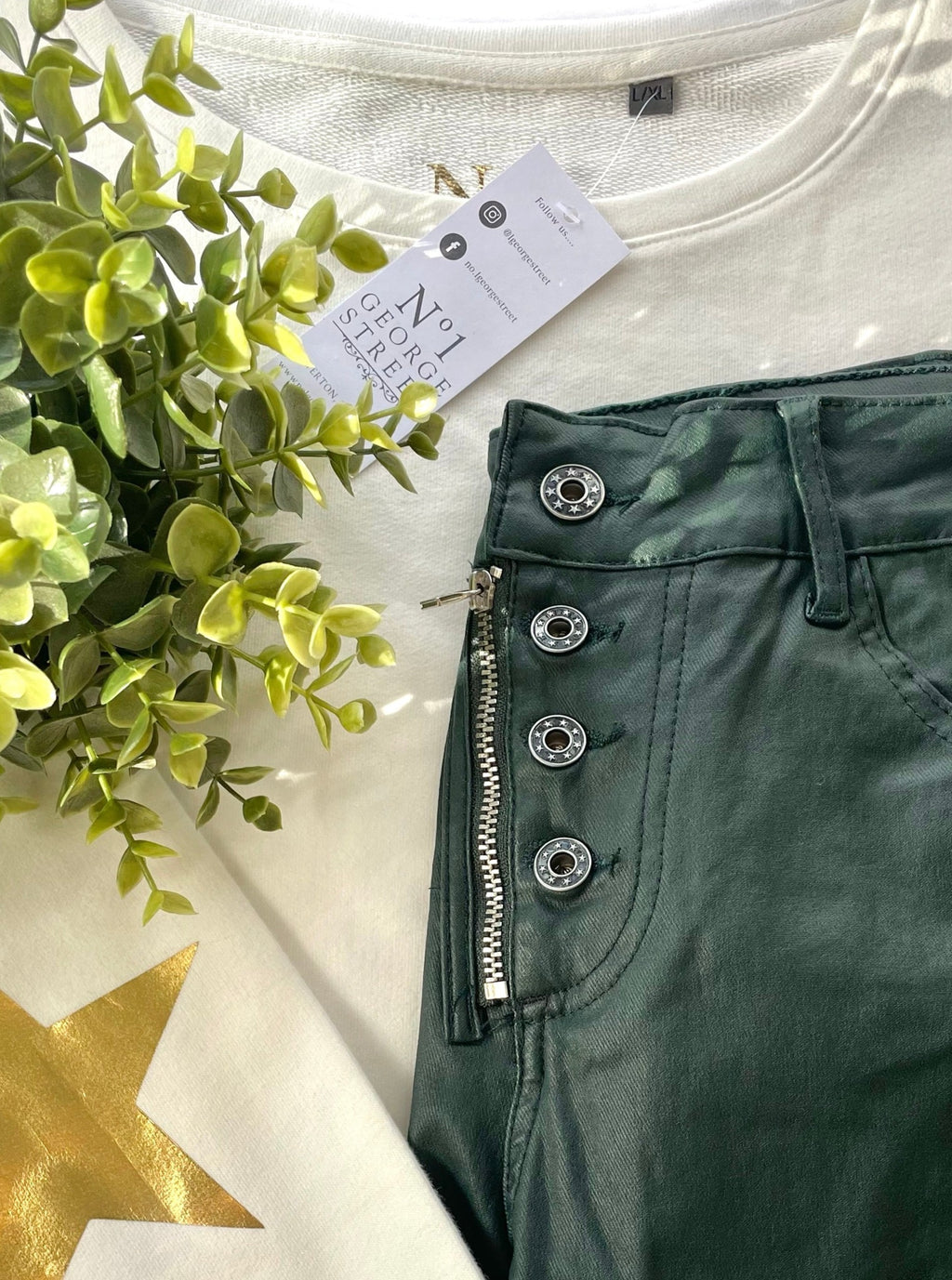 Melly & Co Bottle Green Coated Jeans