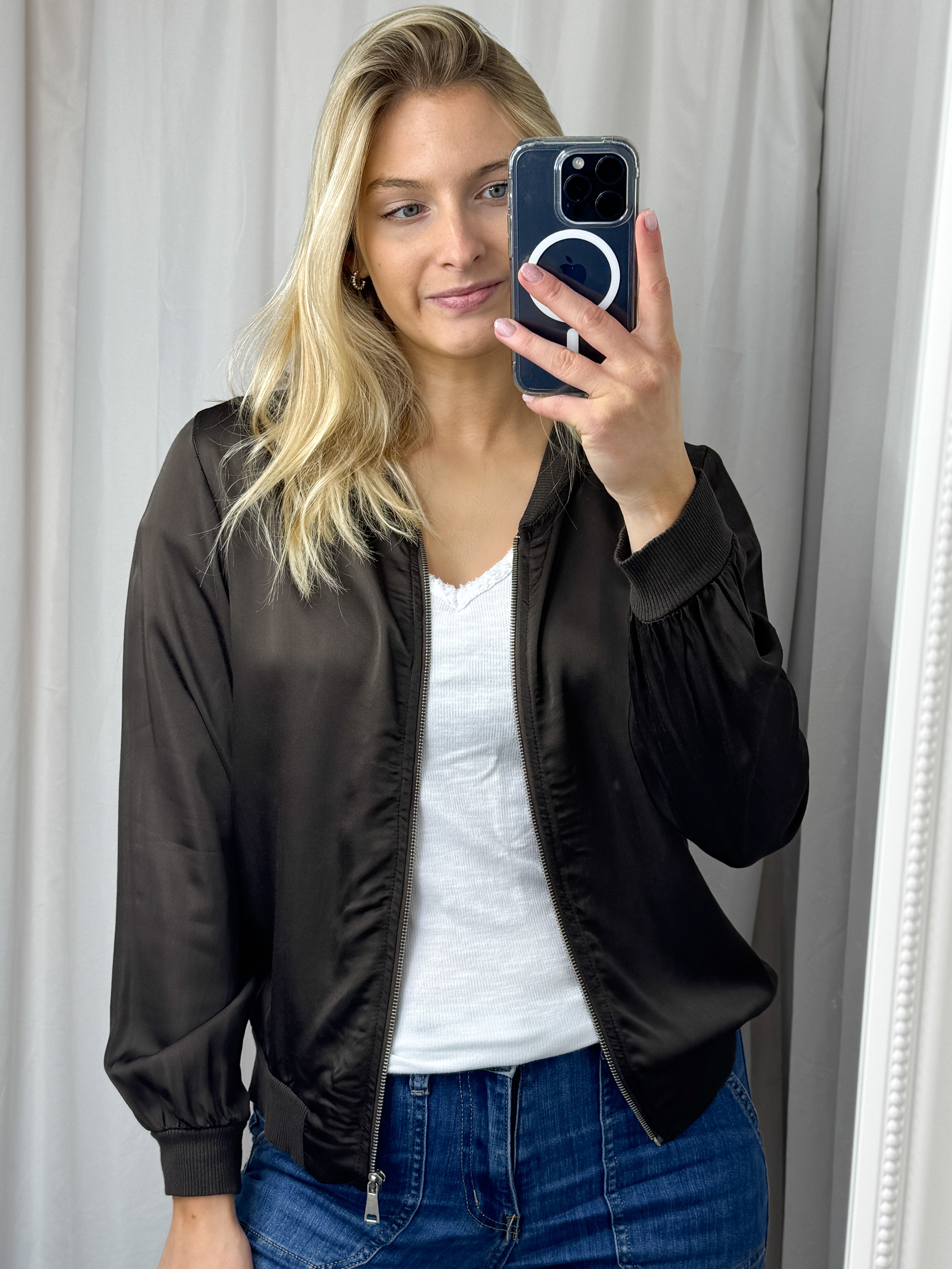 Sasha Satin Bomber Jacket Chocolate