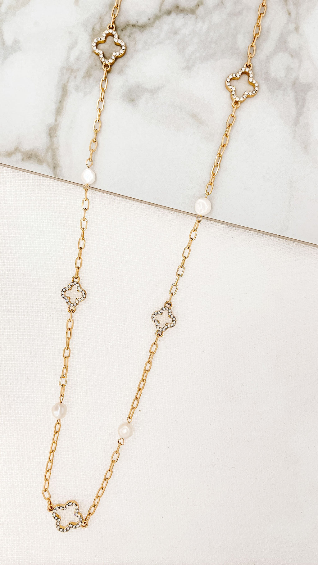Envy Gold, Pearl & Crystal Clover Dropper Necklace
