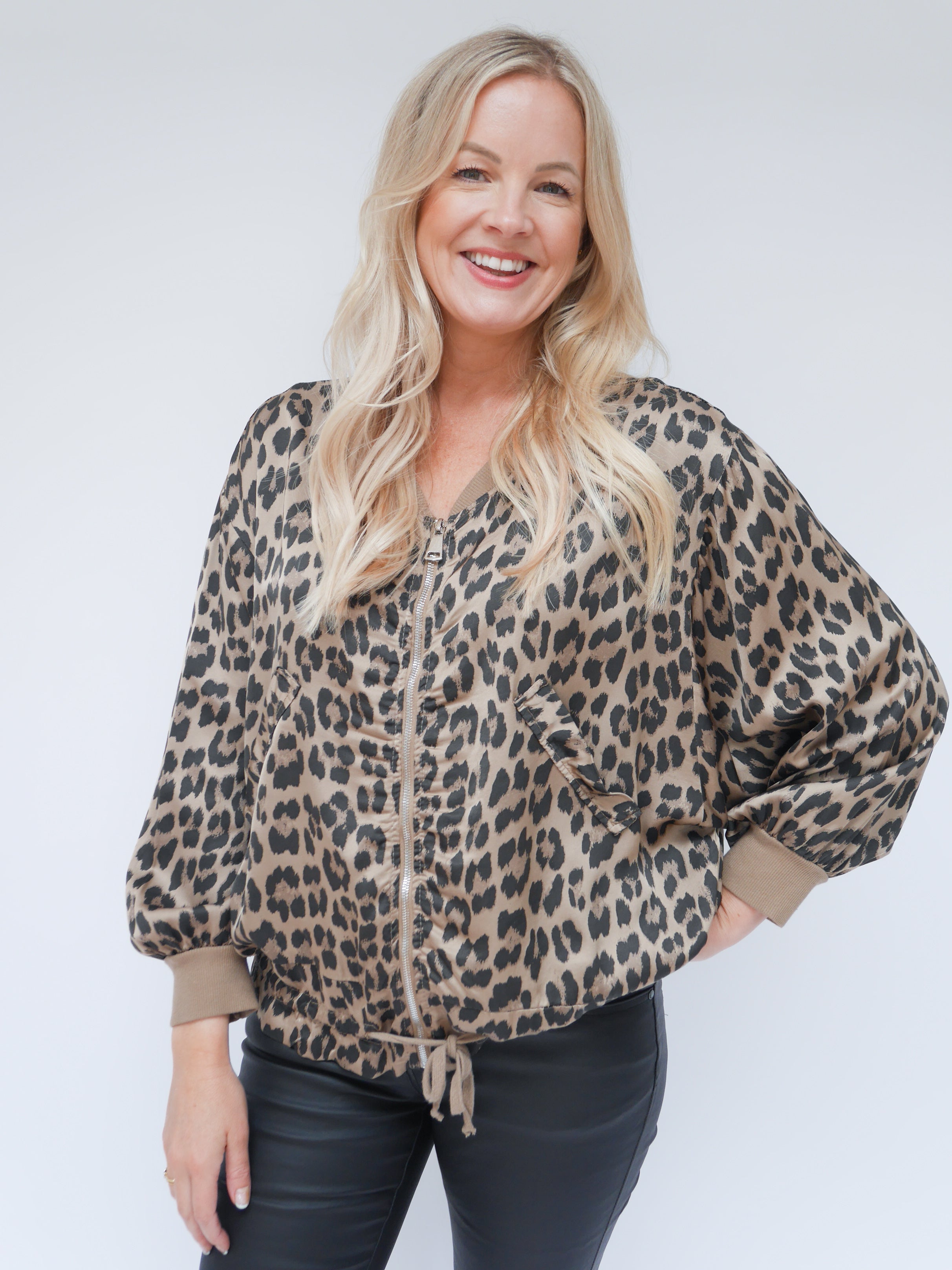 Demi Silk Leopard Bomber Camel