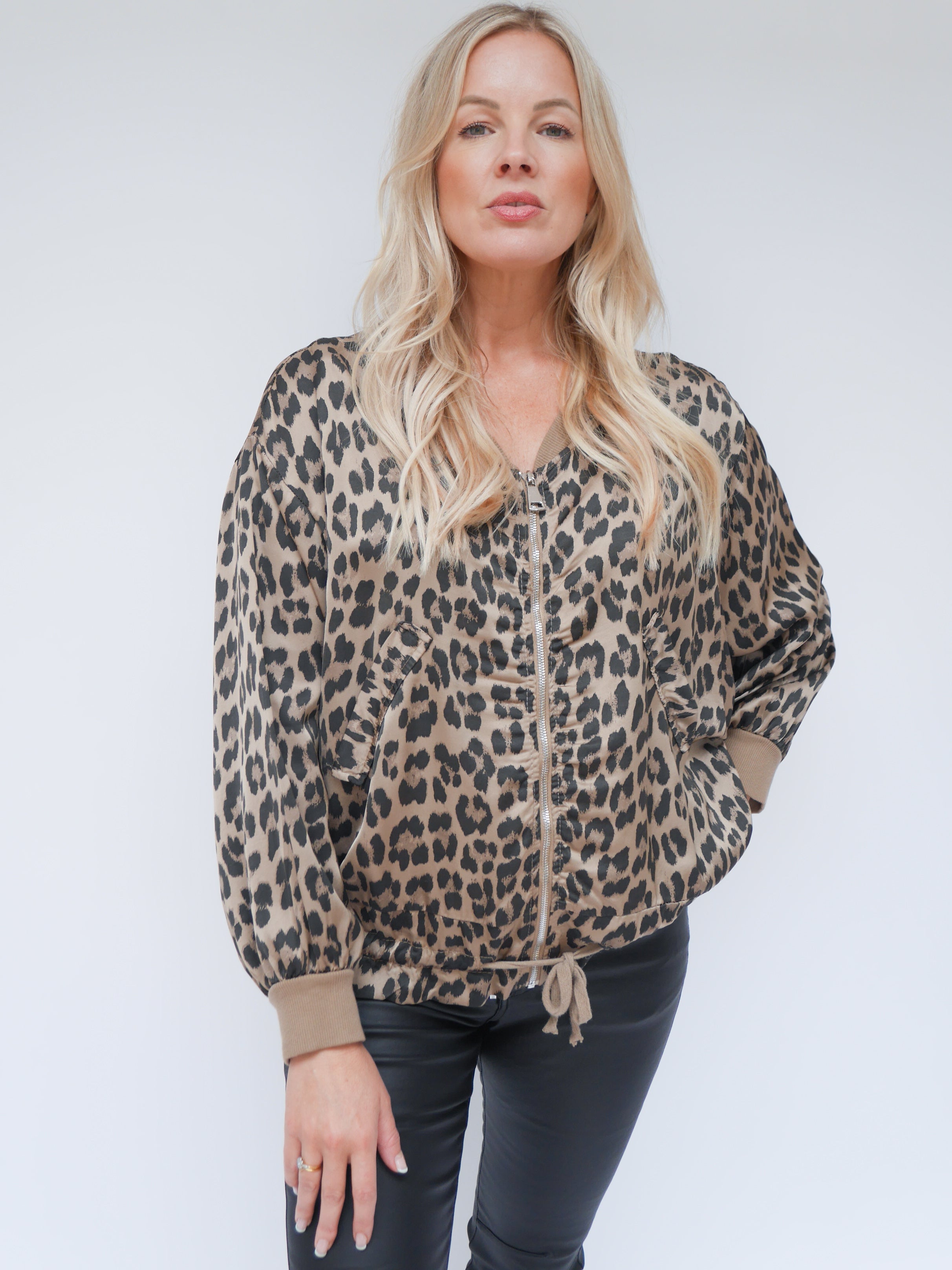 Demi Silk Leopard Bomber Camel