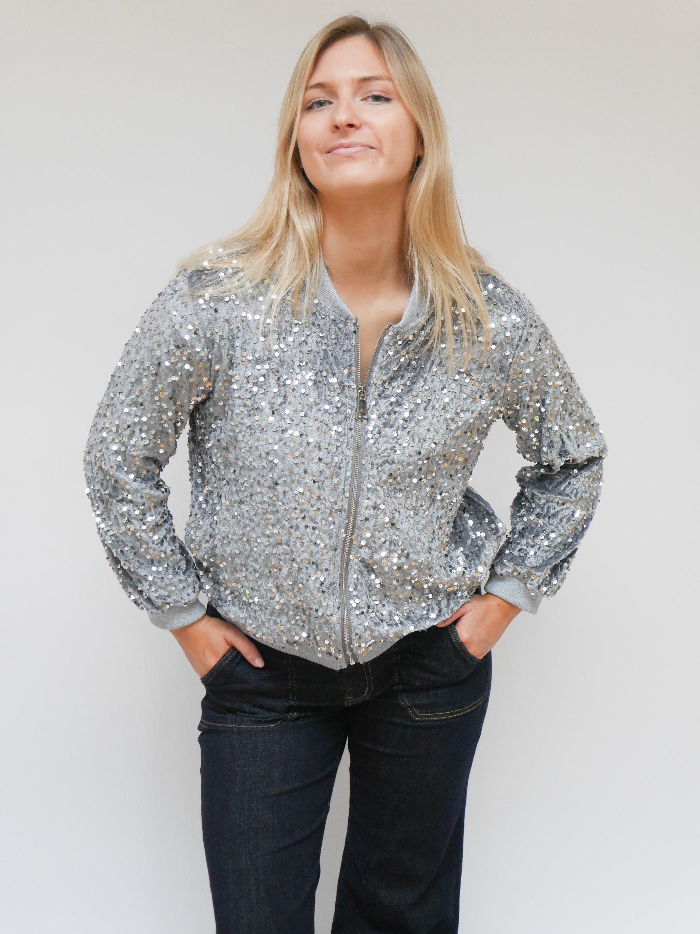 Stella Sequin Bomber Jacket Grey