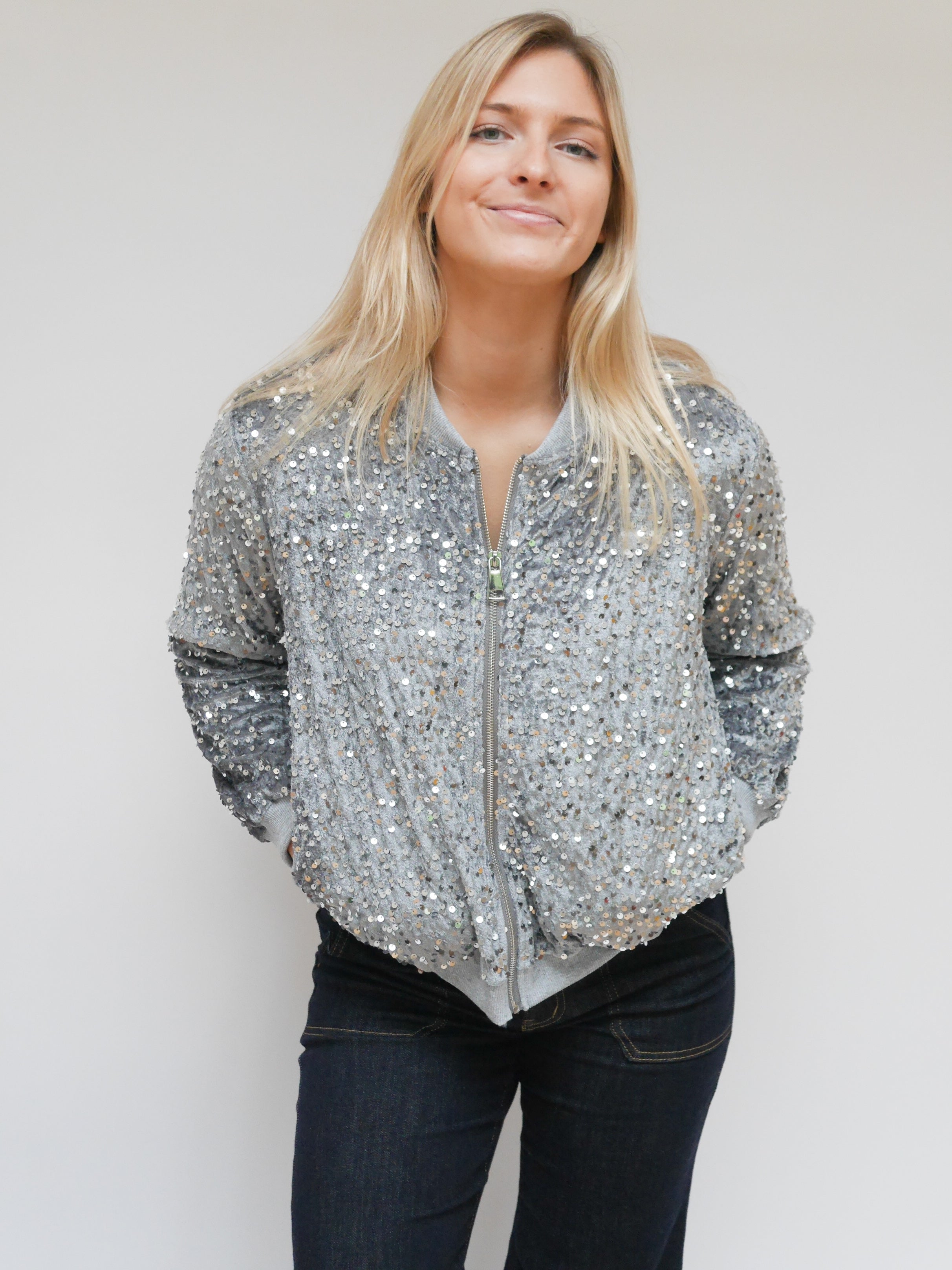 Stella Sequin Bomber Jacket Grey