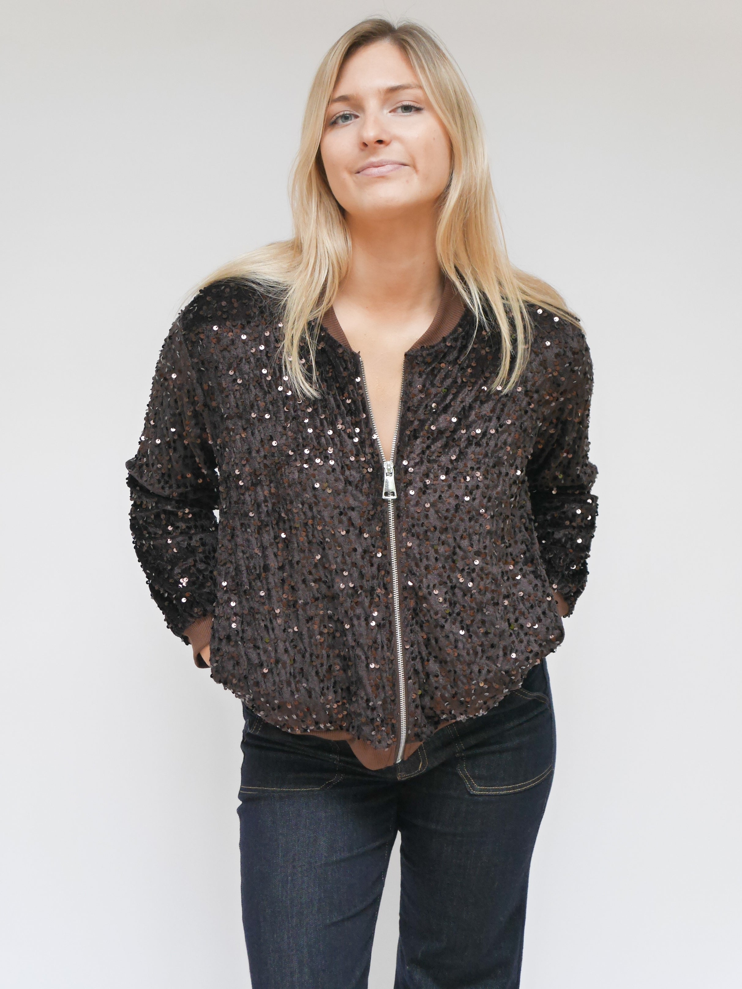 Stella Sequin Bomber Jacket Chocolate