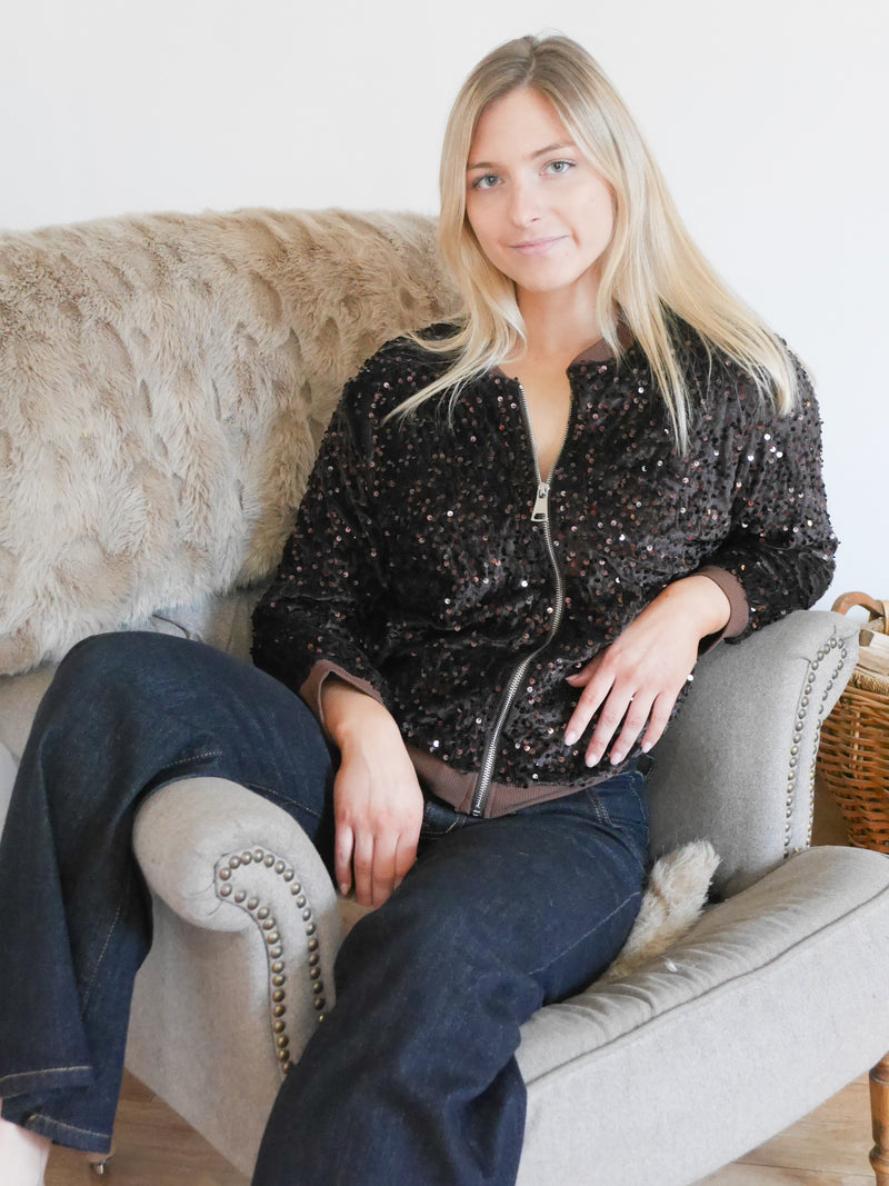 Stella Sequin Bomber Jacket Chocolate