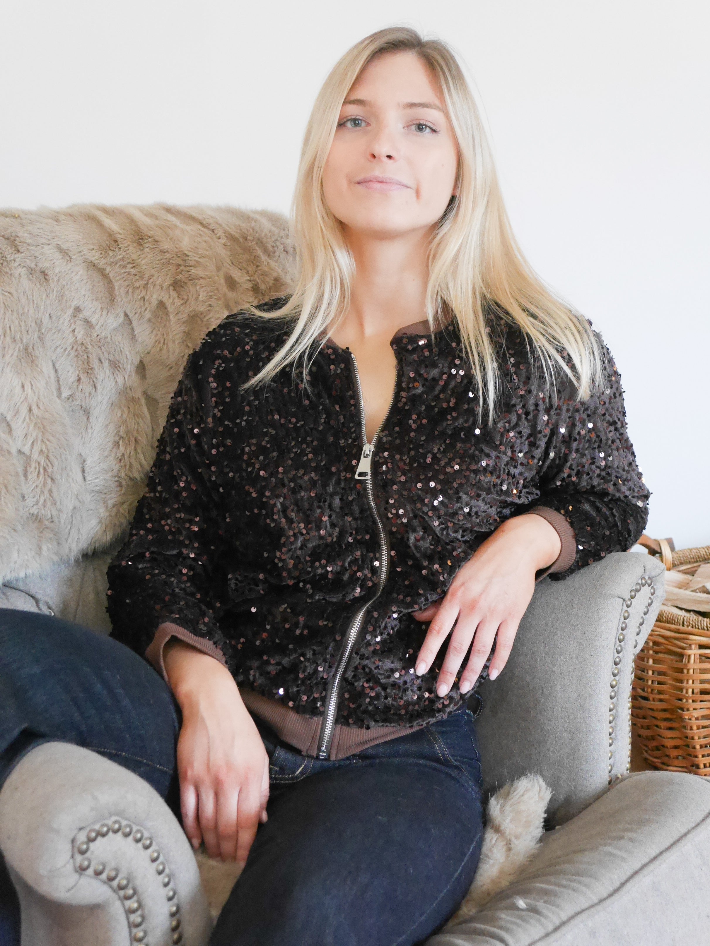 Stella Sequin Bomber Jacket Chocolate