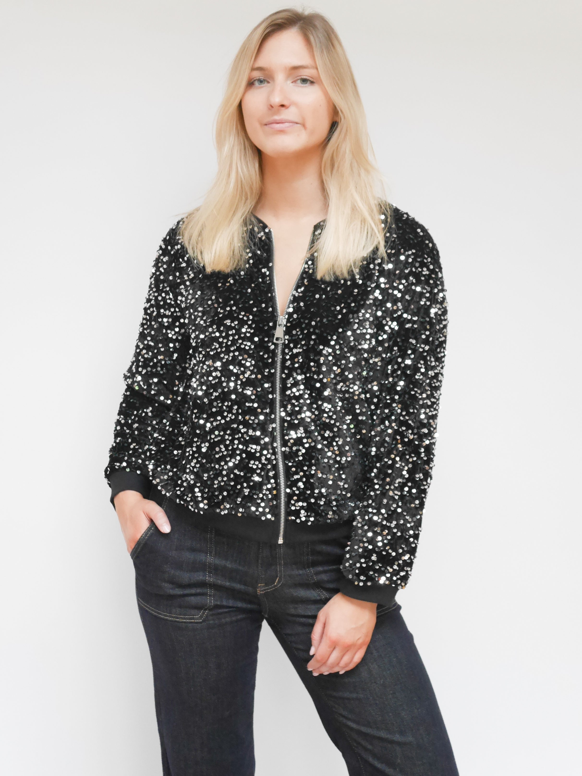 Stella Sequin Bomber Jacket Black & Silver
