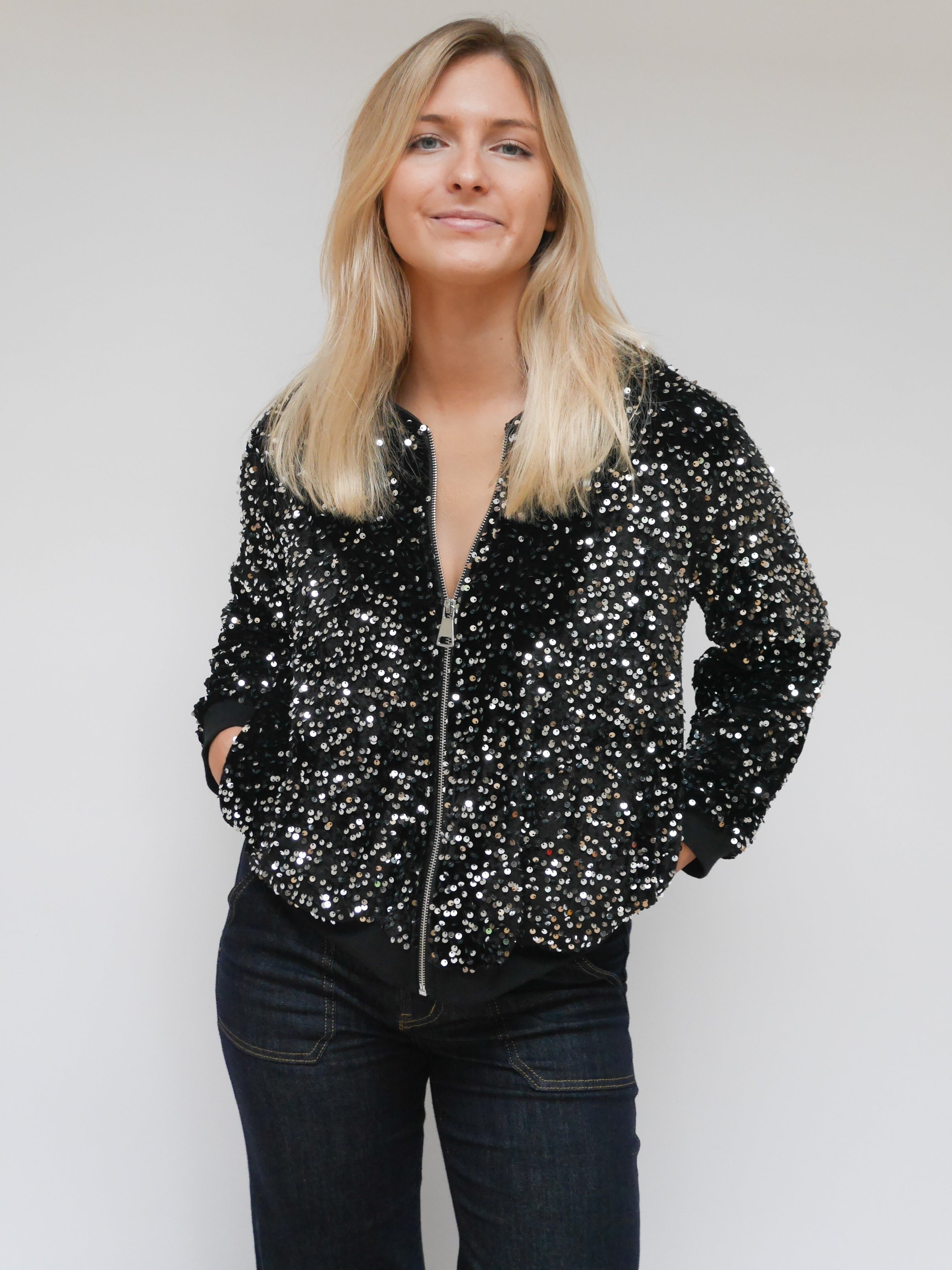 Stella Sequin Bomber Jacket Black & Silver
