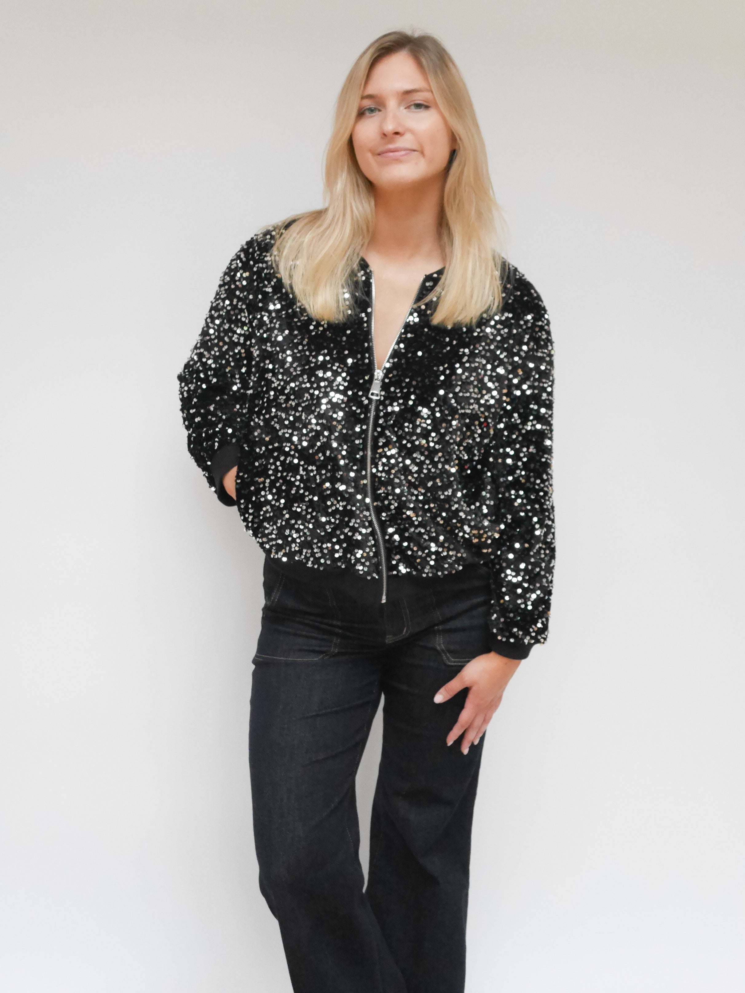 Stella Sequin Bomber Jacket Black & Silver