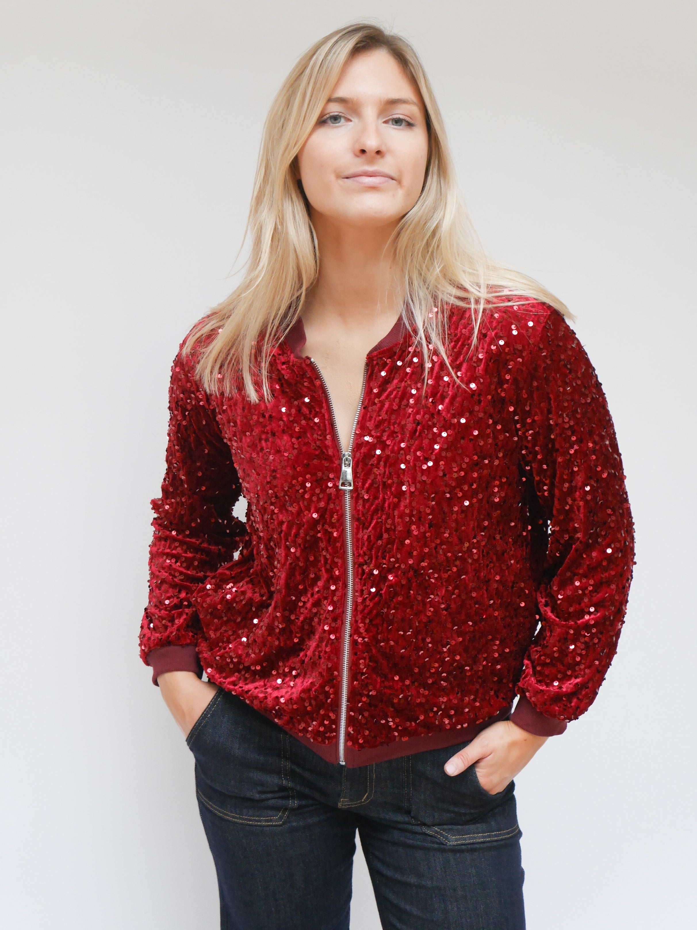 Stella Sequin Bomber Jacket Plum