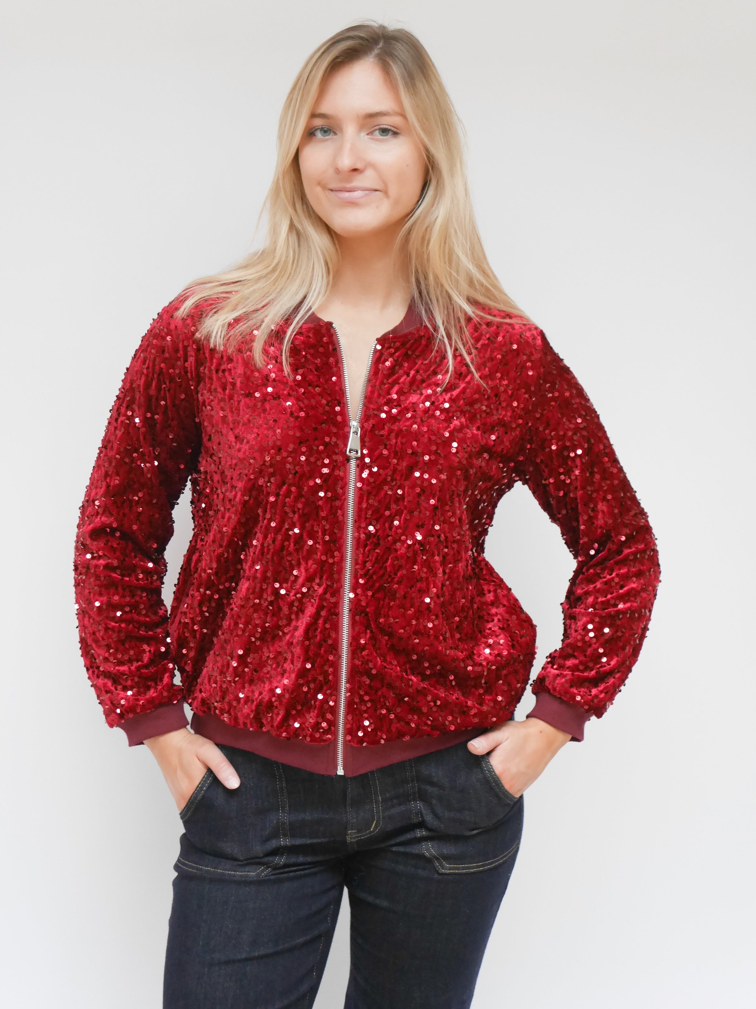 Stella Sequin Bomber Jacket Plum
