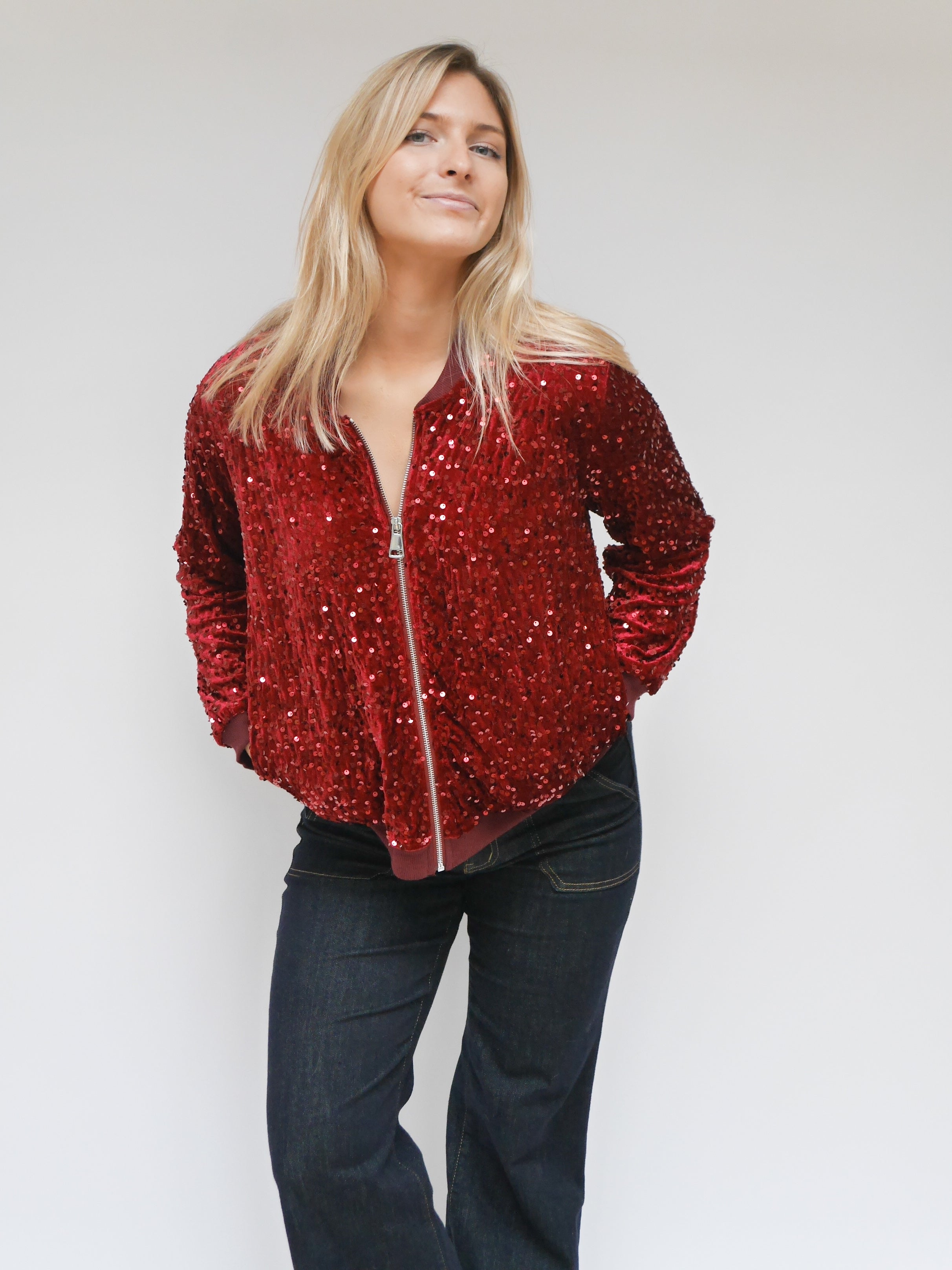 Stella Sequin Bomber Jacket Plum