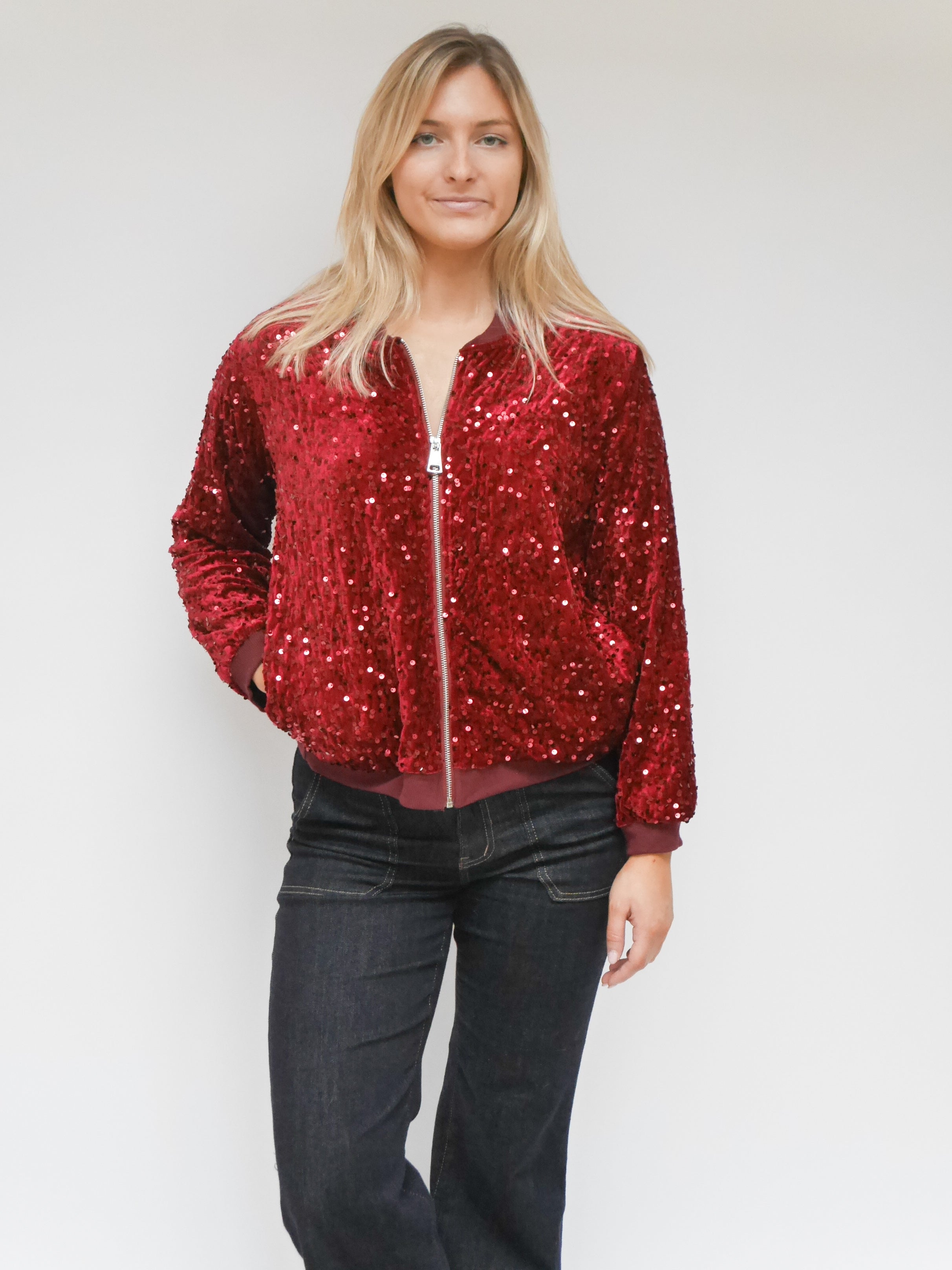Stella Sequin Bomber Jacket Plum
