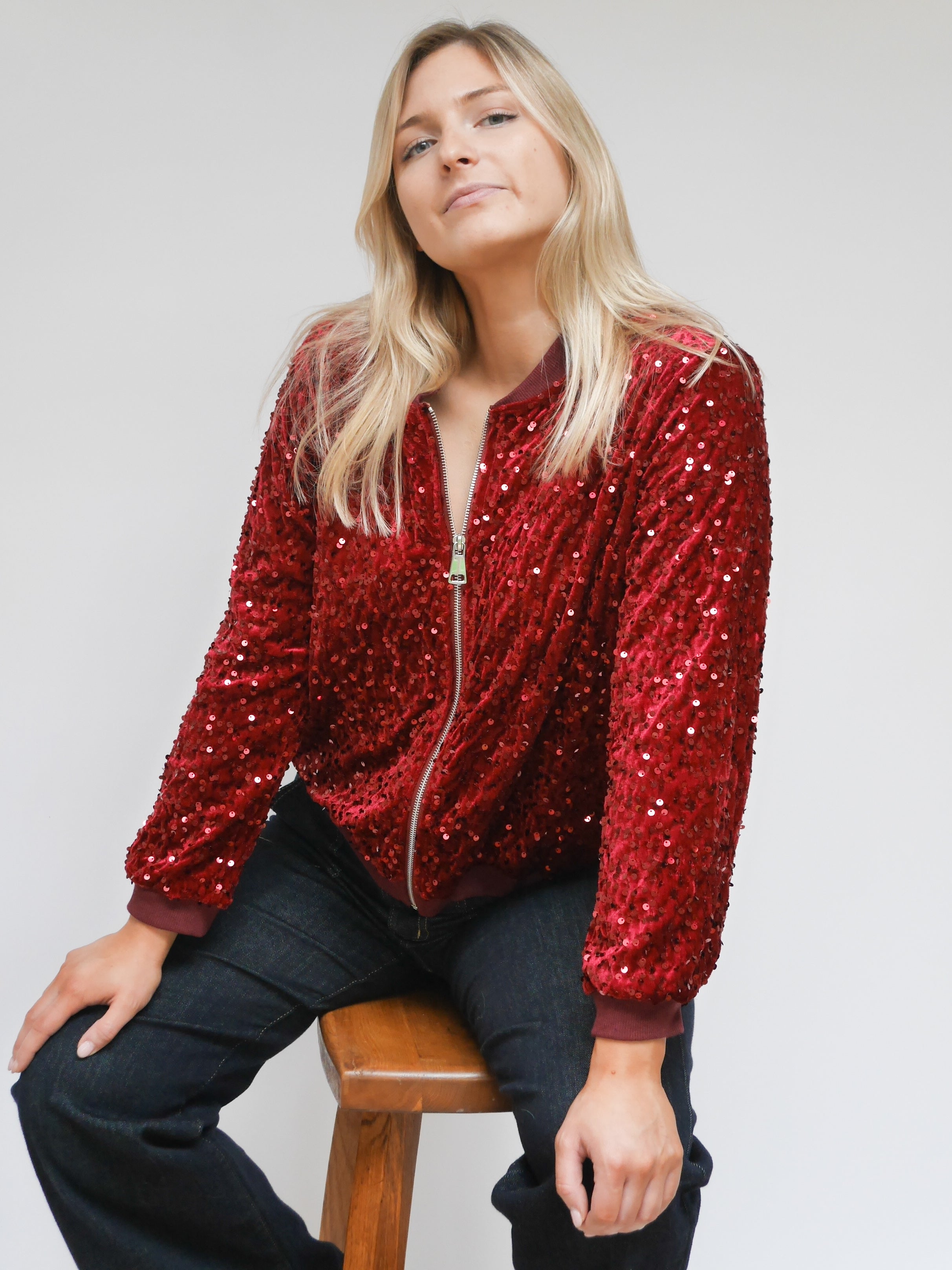 Stella Sequin Bomber Jacket Plum