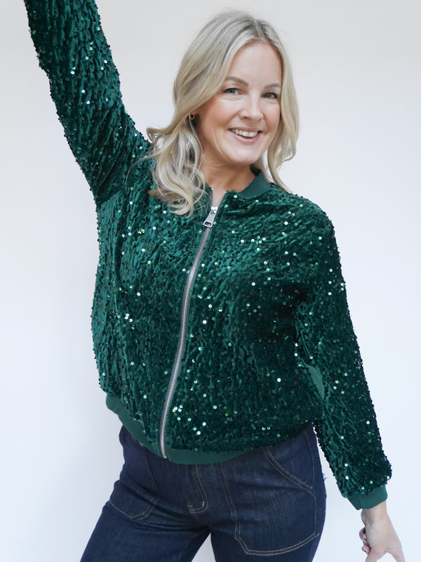 Stella Sequin Bomber Jacket Emerald