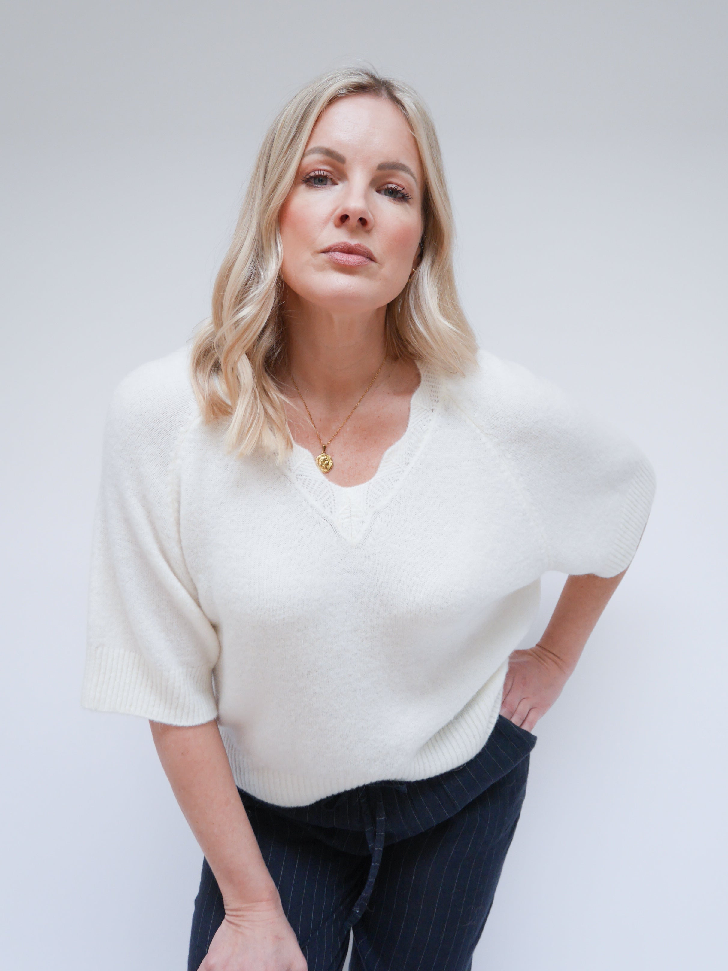 Angela Scallop Neck Knit Ivory