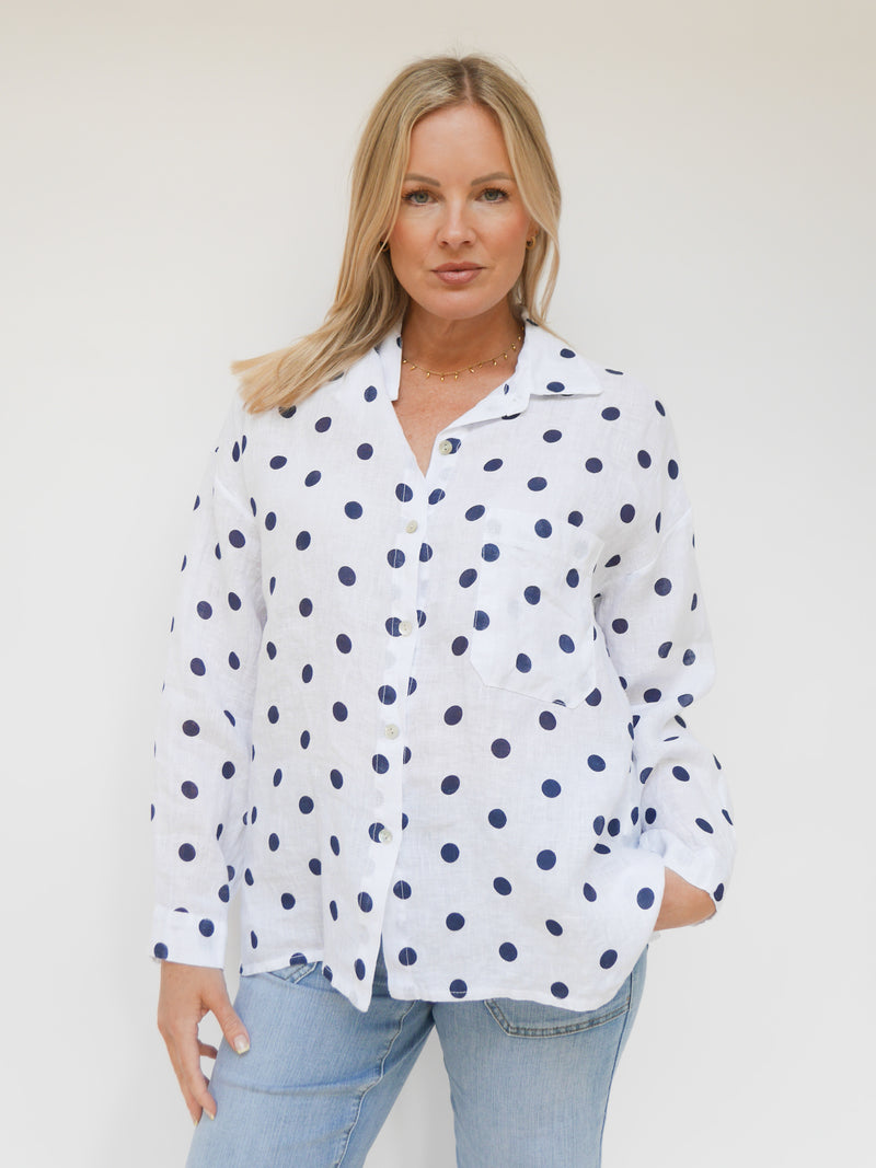 Amelia Blouse White with Navy Polka Dots