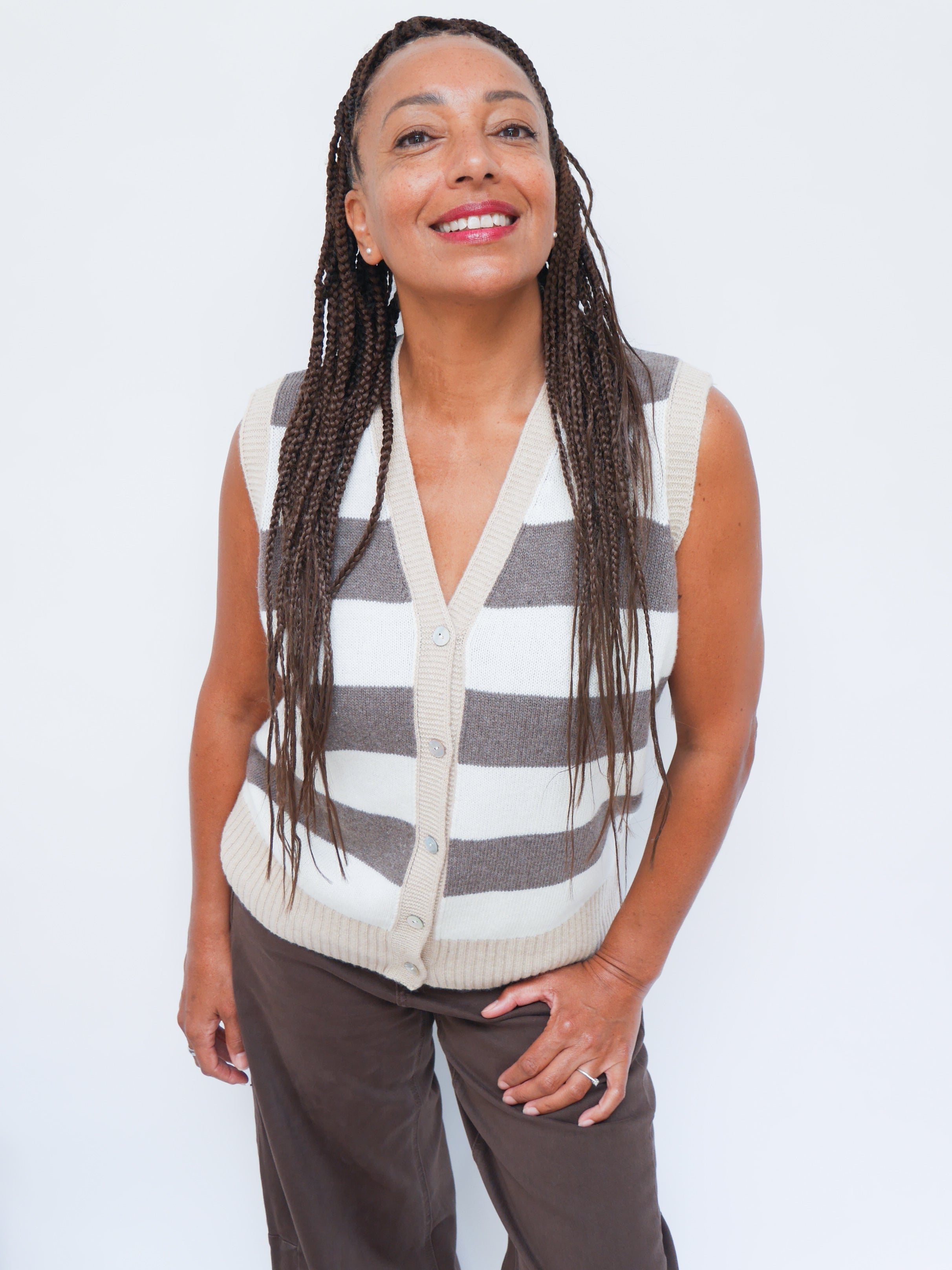 Charlie Cashmere Waistcoat Striped Brown and Cream