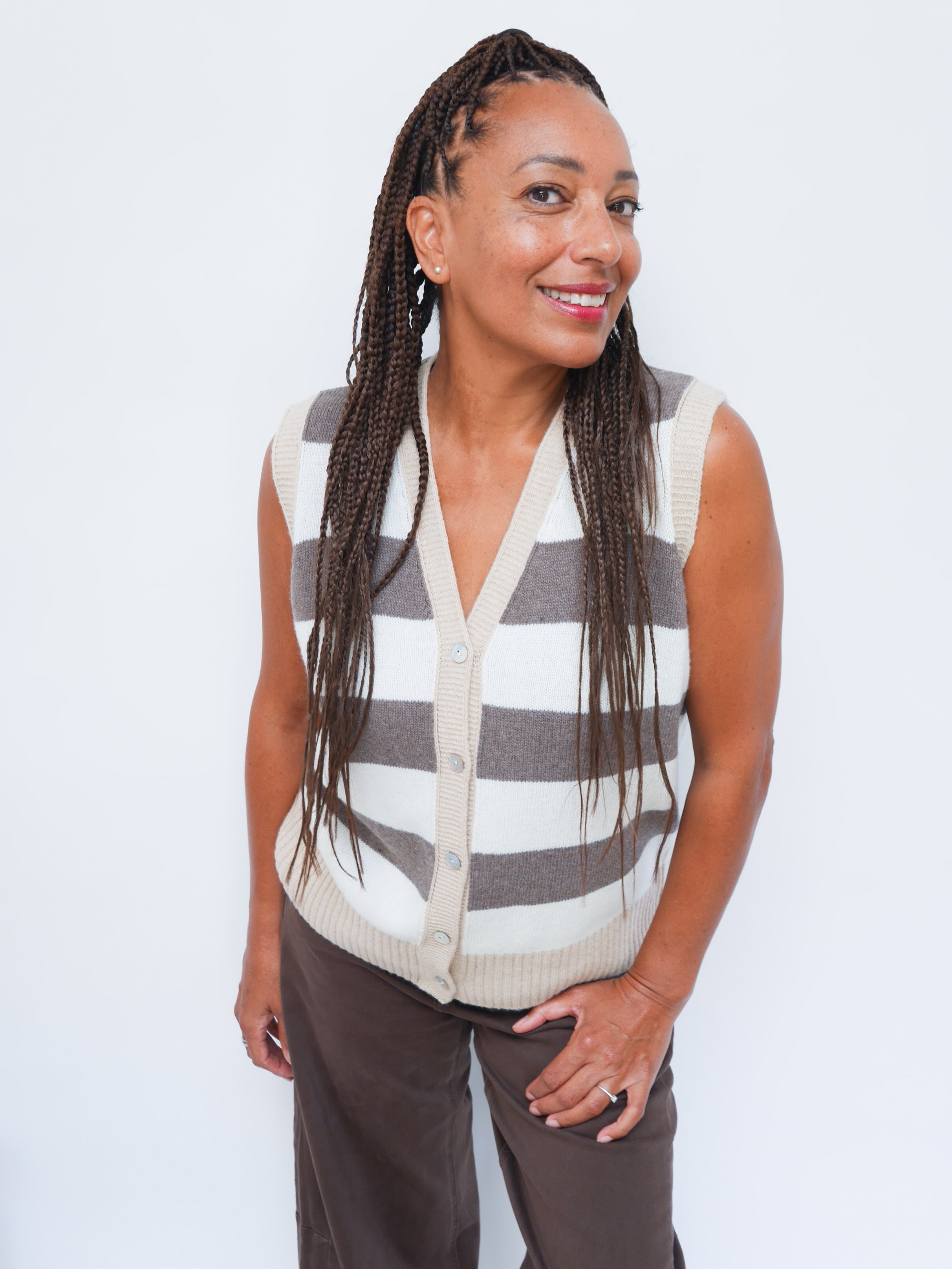 Charlie Cashmere Waistcoat Striped Brown and Cream