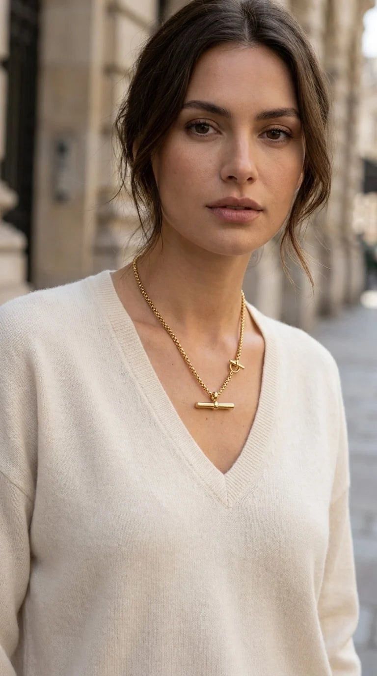 Gold necklace with double T-bar design