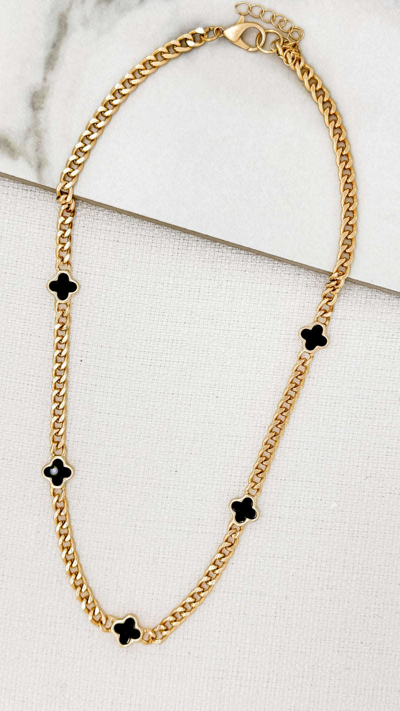 Envy Gold Curb Chain & Black Fleur Necklace