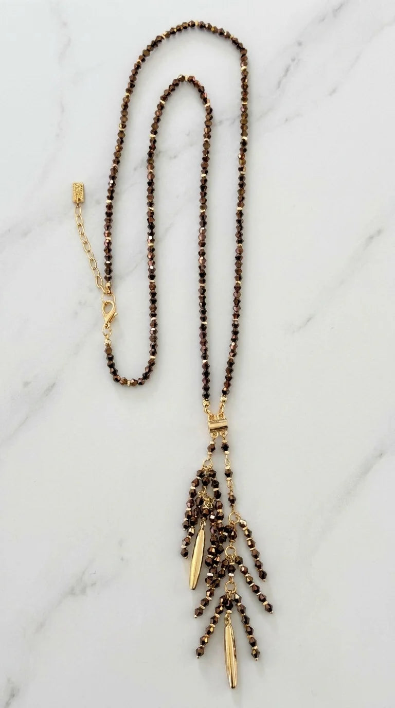 Long brown csytsal beaded tassel neclace