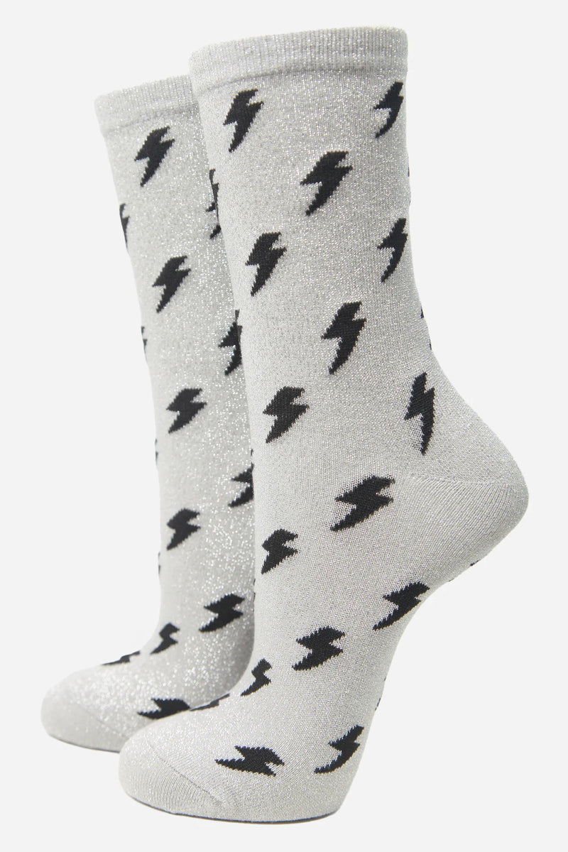 Grey Lightning Bolt Glitter Socks