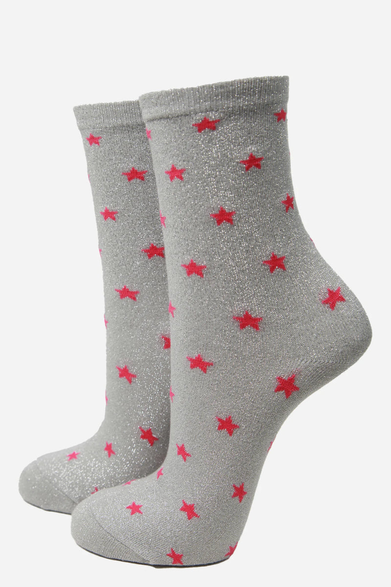 Grey & Fuchsia Star Print Glitter Socks