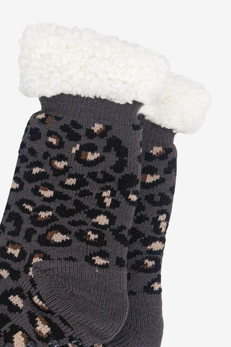 Dark Grey Leopard Print Slipper Socks