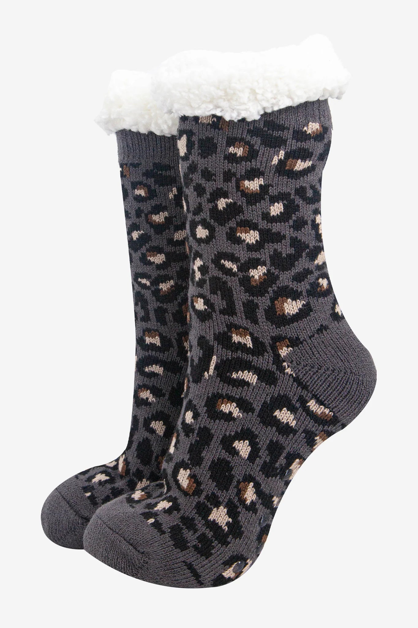 Dark Grey Leopard Print Slipper Socks