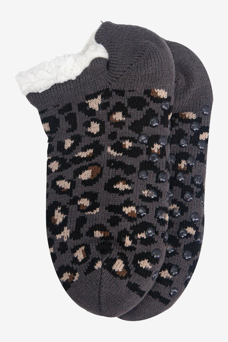 Dark Grey Leopard Fluffy Slipper Socks