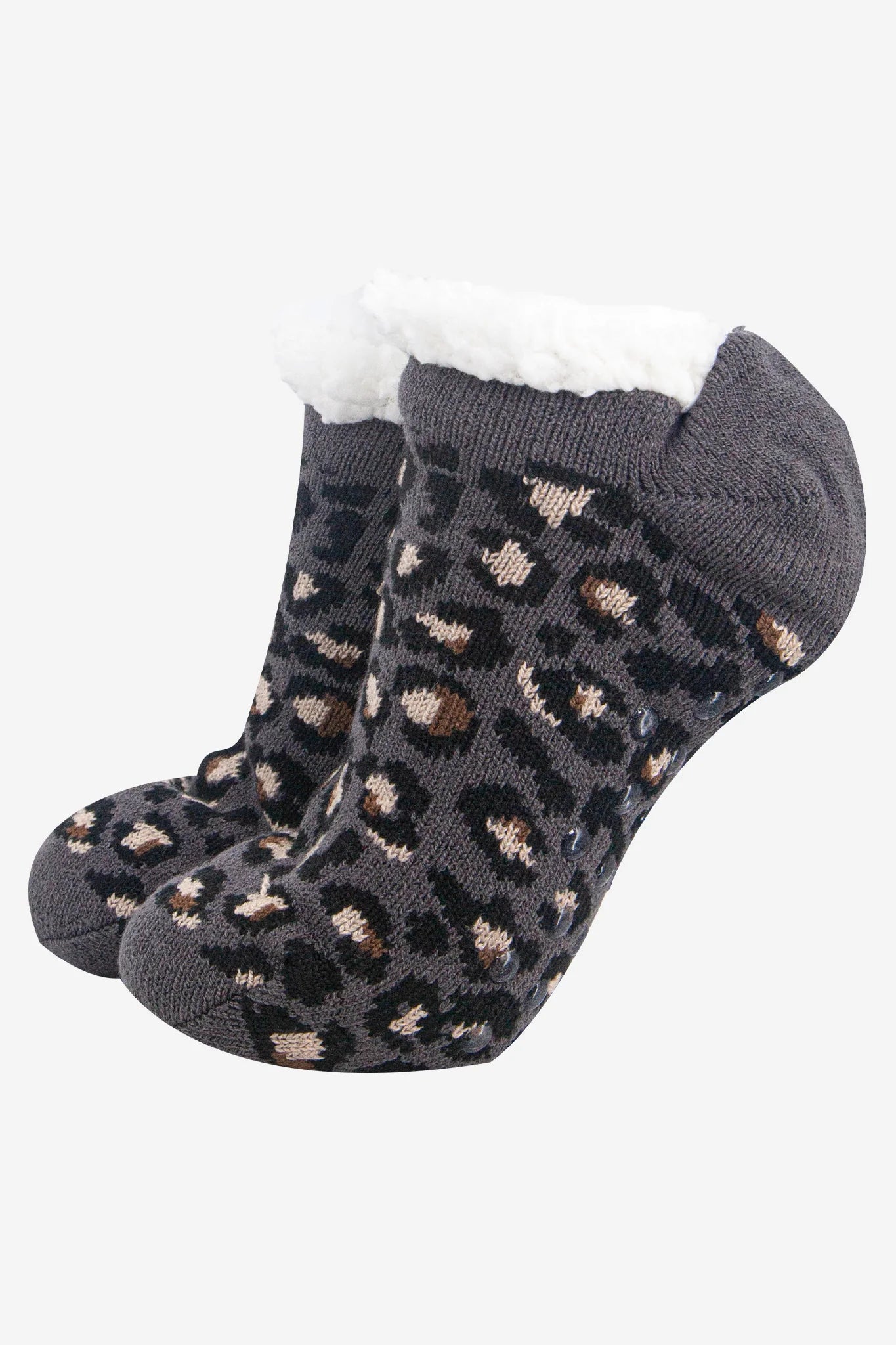 Dark Grey Leopard Fluffy Slipper Socks