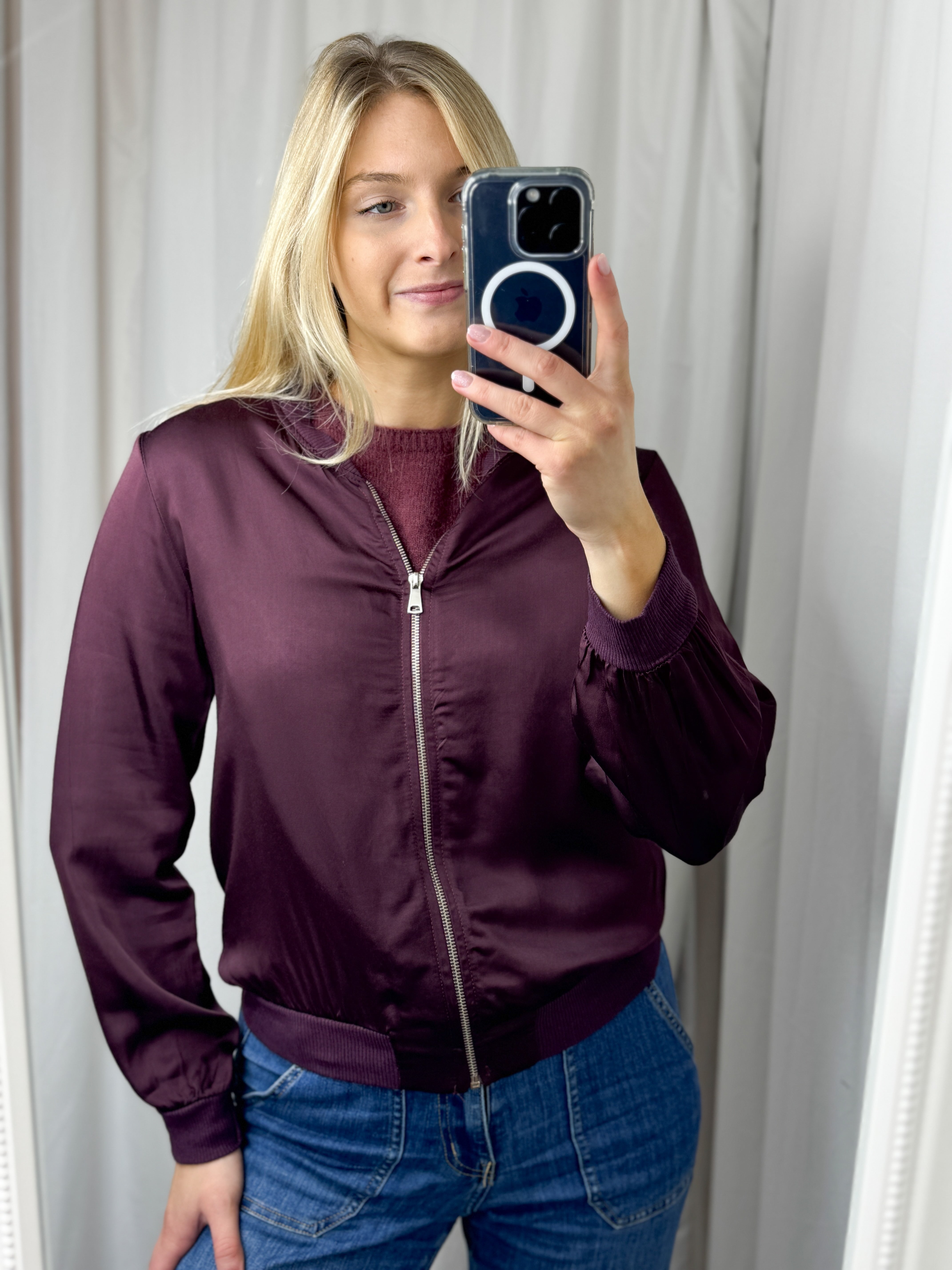 Sasha Satin Bomber Jacket Bordo