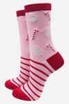 Pink & Red Candy Stripe & Snowflake Socks