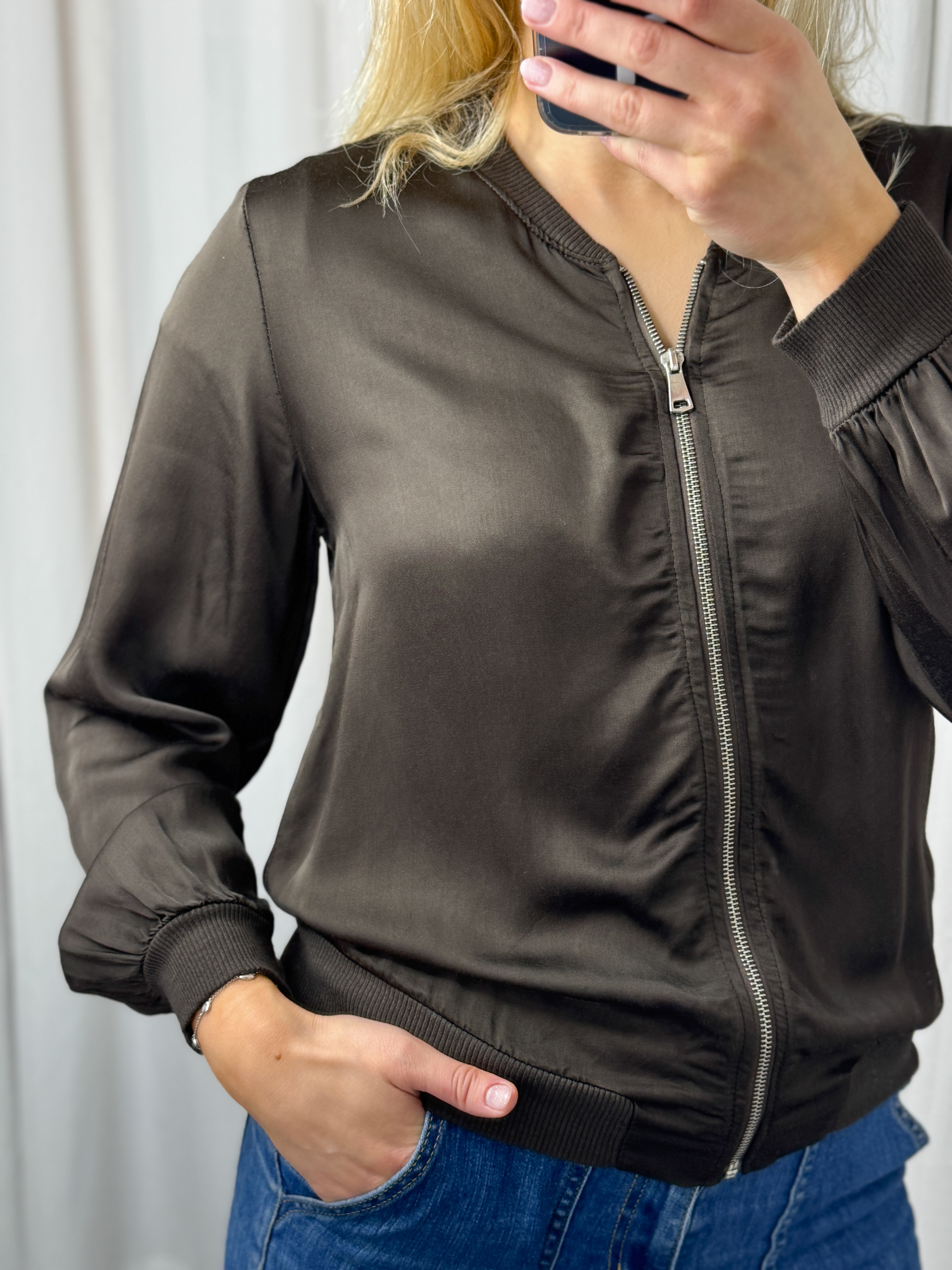 Sasha Satin Bomber Jacket Chocolate