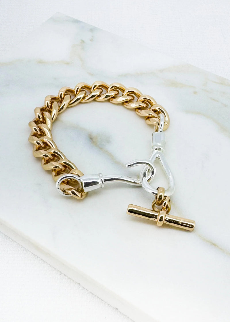 Gold chain bracelet with silver hock an gold T-bar