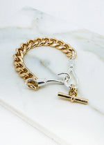 Gold chain bracelet with silver hock an gold T-bar