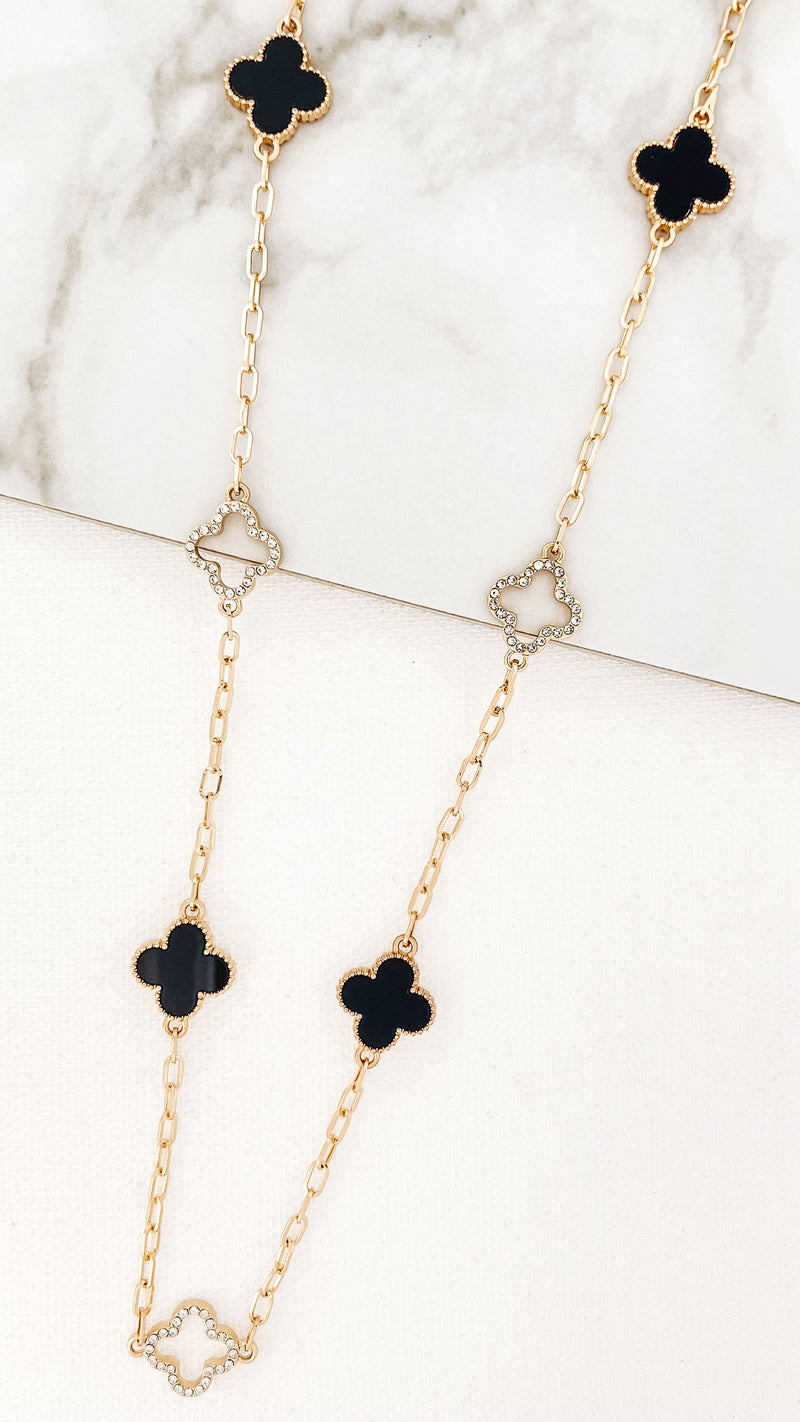 Envy Gold, Crystal & Black Clover Dropper Necklace