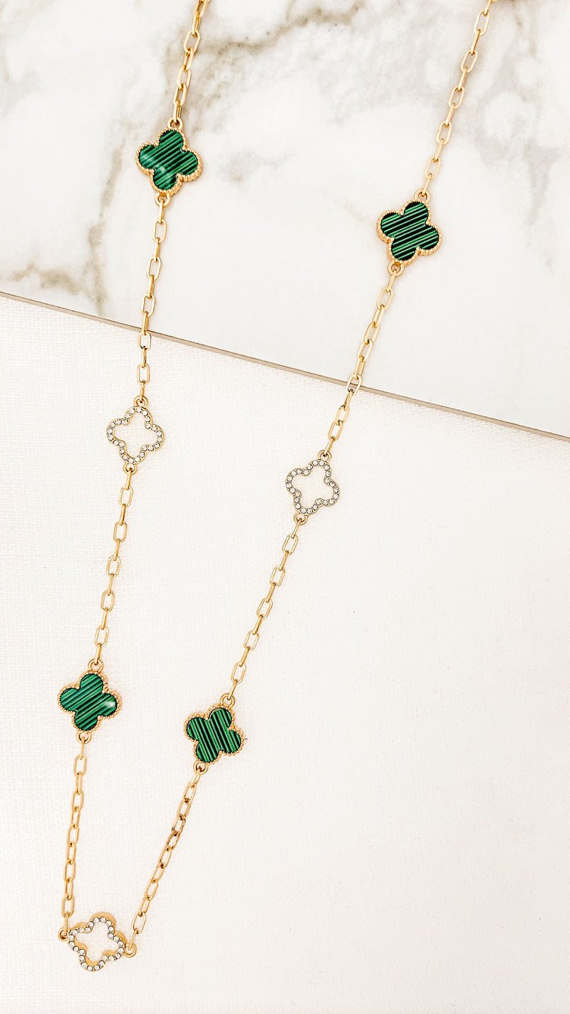 Envy Gold, Crystal & Green Clover Dropper Necklace