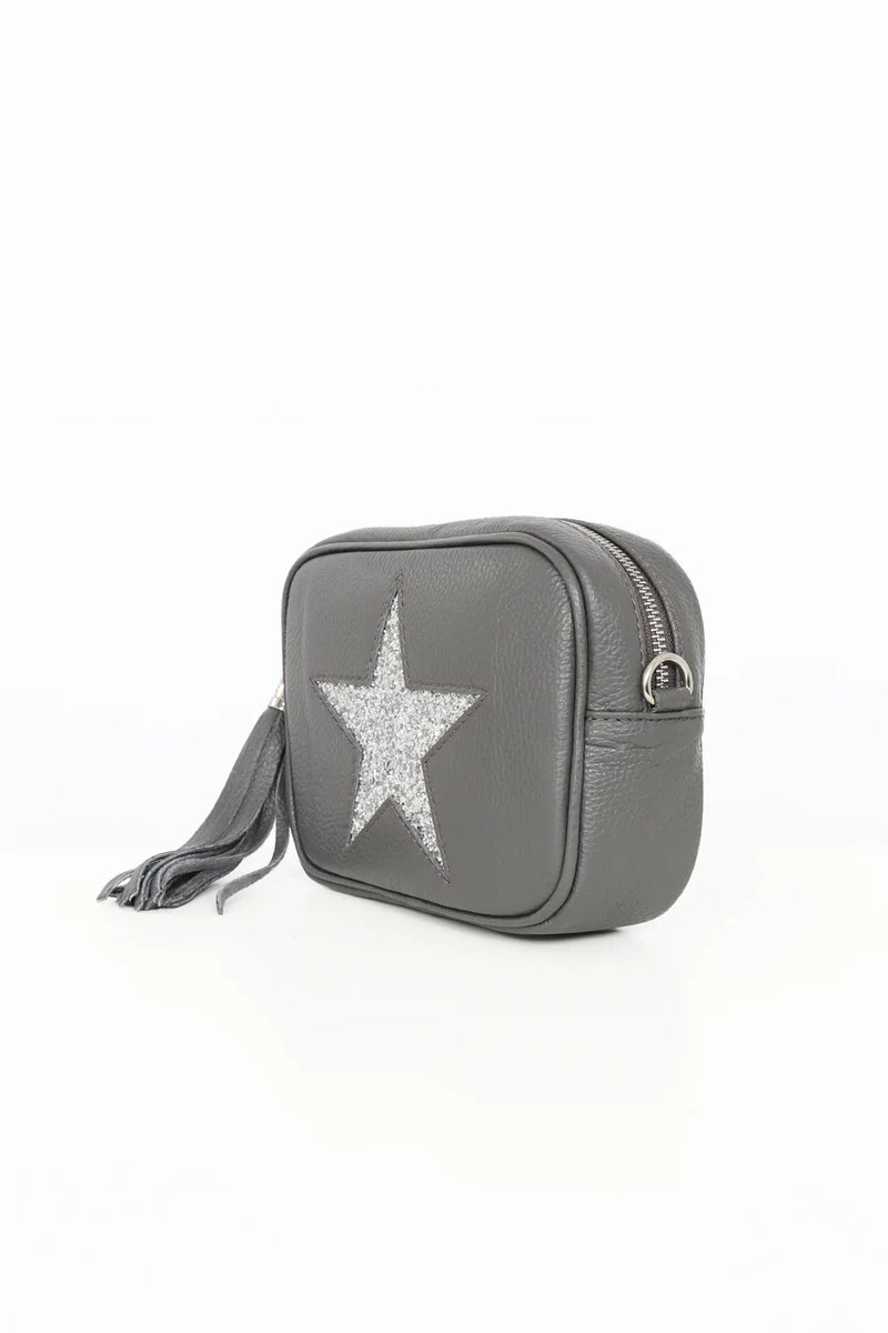 Cross Body Leather Bag Dark Grey Glitter Star