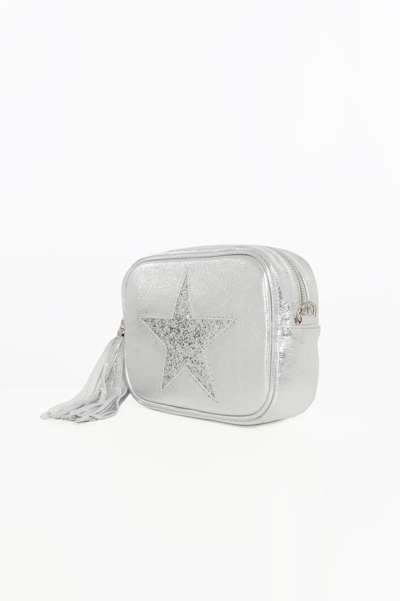 Cross Body Leather Bag Silver Glitter Star