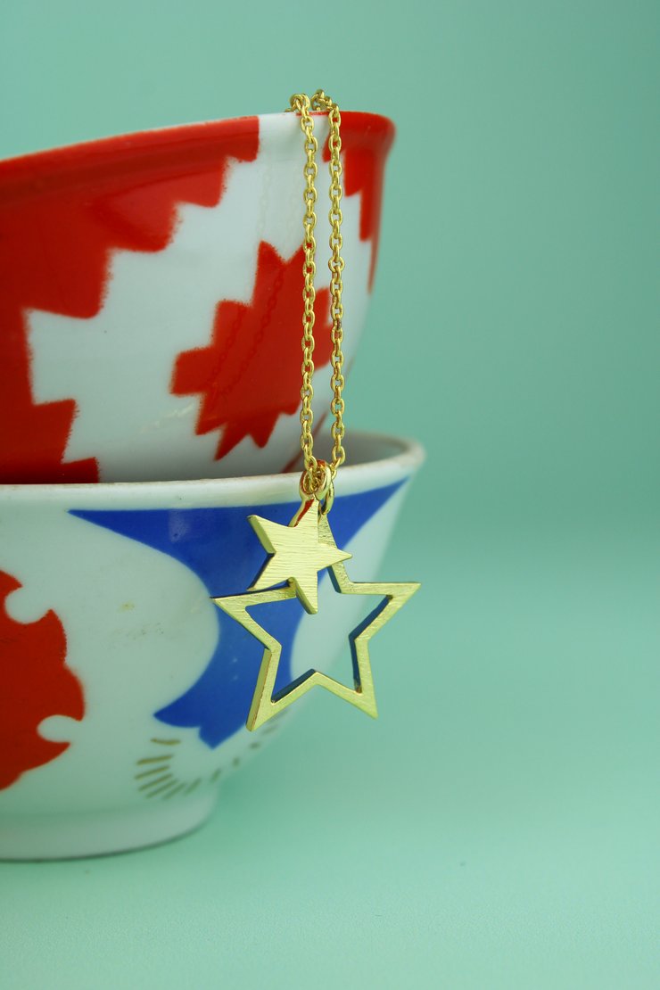 Double Brushed Gold Star Necklace